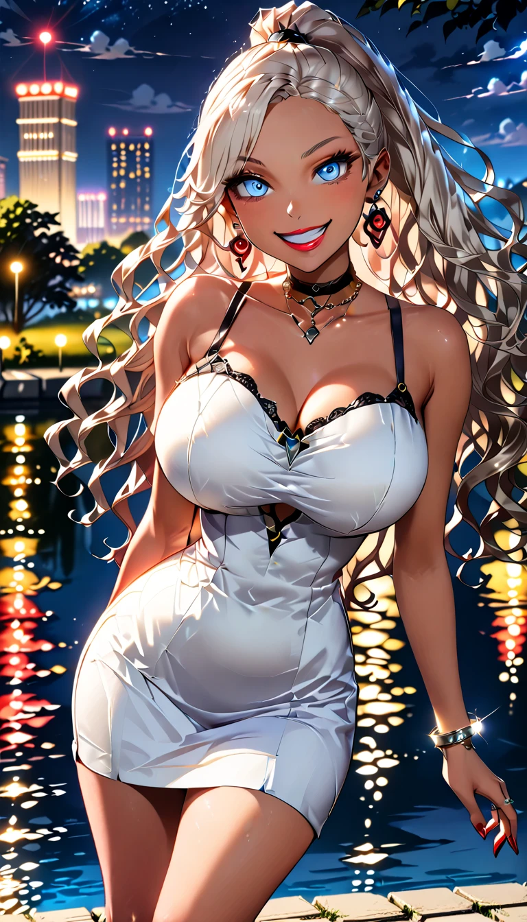(best quality, ultra-detailed, photorealistic: 1.39), bright and vibrant colors, studio lighting, romantic expression, An effeminate girl, with a delicate and beautiful face. She is a girl who reflects seductive beauty, sparkling eyes, A beautiful adult woman beautiful and voluminous curly white hair, hair clip, crying a seductive 2 woman with big breasts seduces, with her large breasts seduces, long black strapless dress, lace, with lace details, happy expression with an insinuating smile, with beautiful legs, with her blue eyes that matches her soft smile, in a beautiful pose demonstrating her seduction beautiful, tropical inn, beach in the distance, leisure area of ​​the inn, anime style, like a manwha character