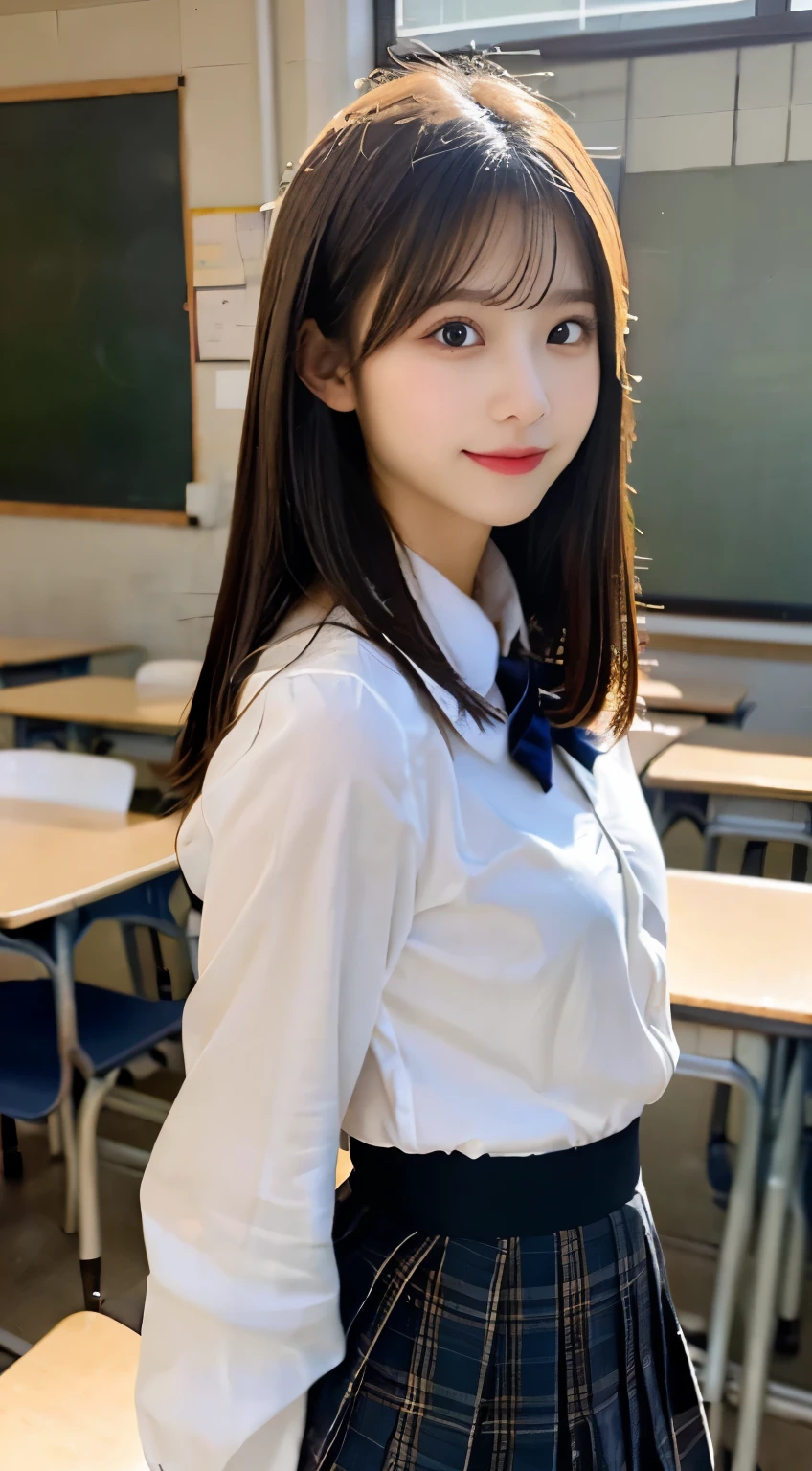 masutepiece, Best Quality, One girl, (Beautiful Girl:1.3), (:1.2), Very fine eye definition, (Symmetrical eyes:1.3), ((NSFW)), (School uniform, Cute skirt:1.3), Beautiful breasts, Brown eyes, Parted bangs, Brown hair, Upper teeth