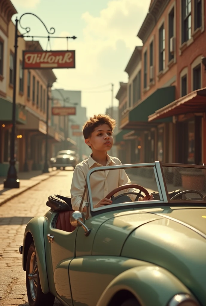 Imagine a realistic dirty face boy standing infront of rolls royce huge showroom, the boy personality must be looking poor and dirty, the sky color must be sky blue moreover with cloudy weather, the image quality must be 4k