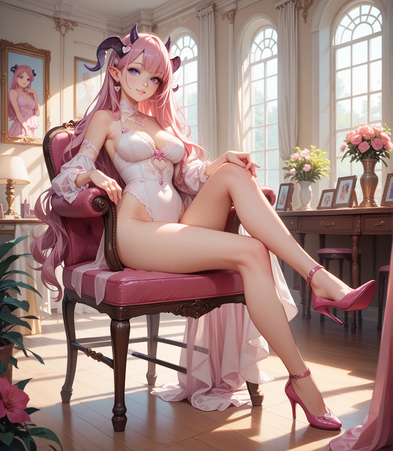 ((Best quality, masterpiece, 4k, best anatomy)), cute elf girl, (violet hair), ((very long hair)), perfect face, (yellow eyes), ((naked)), (()), ((flat chest)), ((21 years old)), skindentation, extreme detail, attractive angular face, red lips, pink nipples, glossy skin, detailed hair, full body, close-up chest, ornamental gold necklace, gold earrings, ((1 girl)), embarrassed expression, innocent smile, (high heels), sitting, long legs, ((slender)), blush, ((thigh-high socks)), anime girl, 3d rendering, (perfect face), ((correct face)),