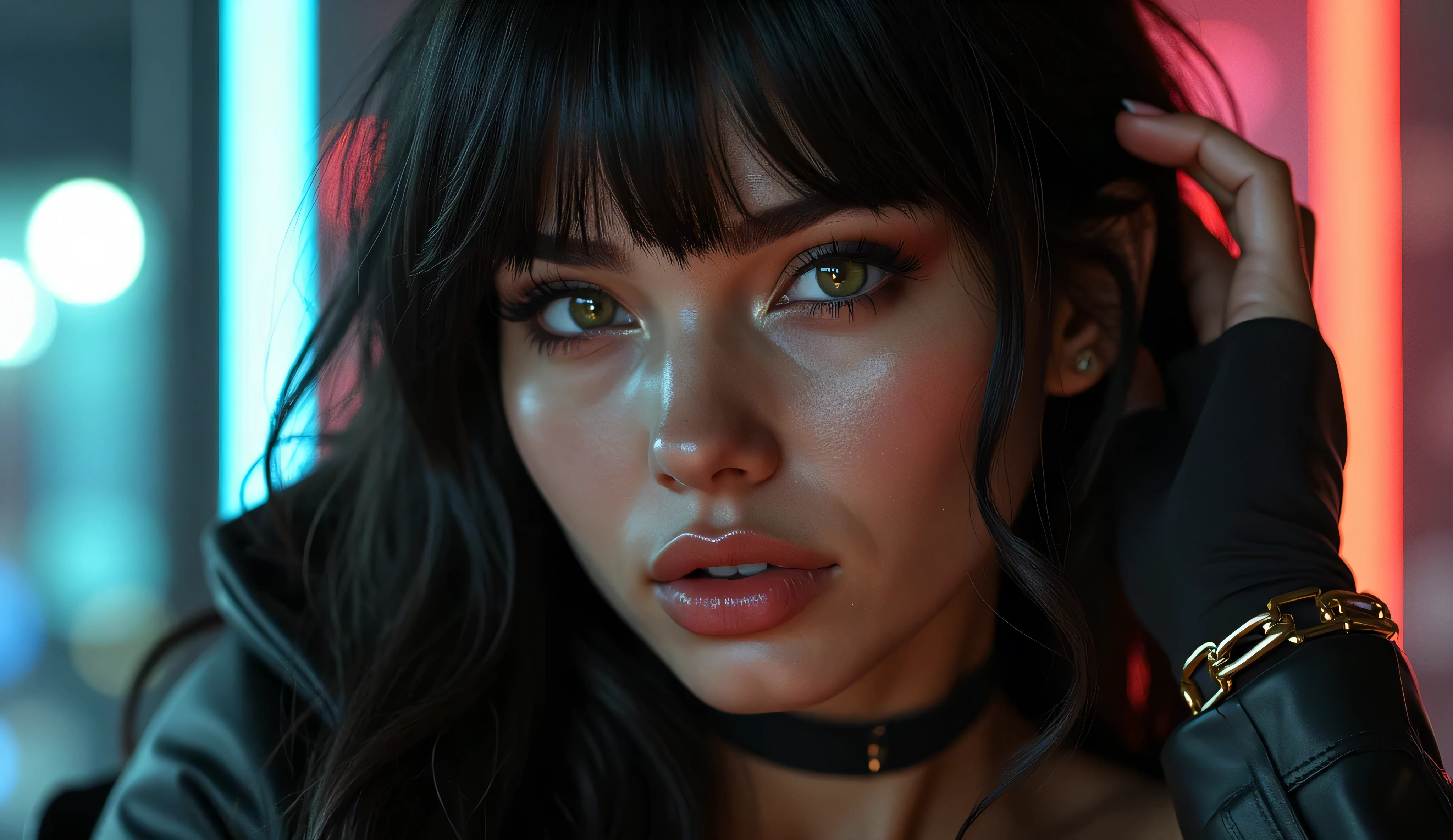 a sexy girl with tight leggins clothes, dark and shiny hair with bangs on the forehead, green eyes, full body portrait, confident expression, 4k, ultra-detailed, photorealistic, cinematic lighting, dramatic shadows, moody sci-fi atmosphere, advanced 3D rendering, intricate futuristic details, vibrant cyberpunk colors, neon highlights, hyper-realistic, masterpiece
