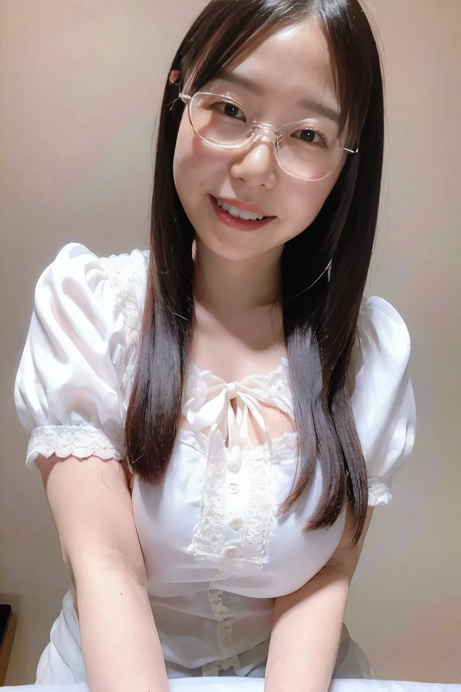 (nsfw:0.3),(absurd:1.5),8k,(Detailed Photos:1.5),(Beautiful face and skin:1.3),( Ultra high definition description :1.5),(Realistic:1.5), masterpiece, professional photoshoot, blouse with bow and lace, Glasses, Confused Expression , Big Breasts, smile big and show her teeth, cute expression