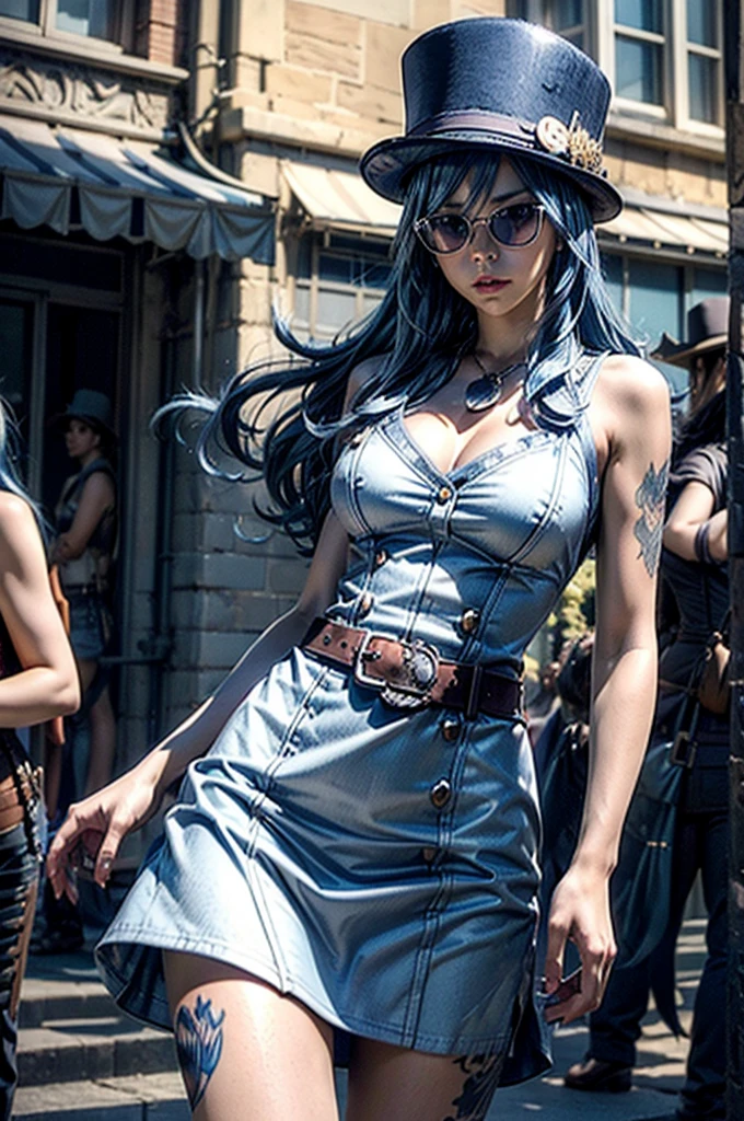 (female:1.2) (bodybuilder:0.8), hyper realistic, masterpiece, photorealistic, real skin, detailed face, detailed skin, detailed lighting, 1girl, (brown eyes), long hair, ((blue hair)), large breasts, navel, midriff, serious face, dress lace, thigh high, holding gun, frills,