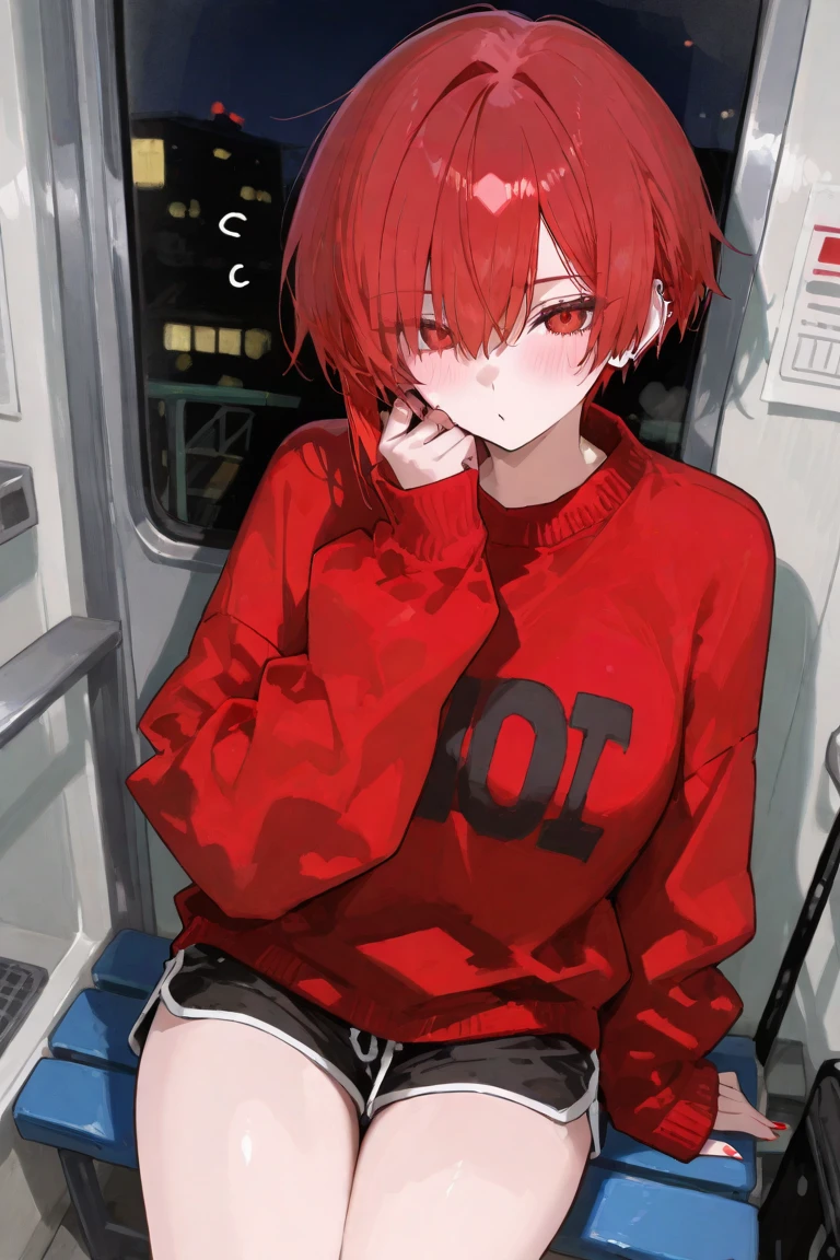1girl、short red hair, tan skin, freckles, ((heterochromia, yellow and blue eyes)), oversized T-shirt, black panties, sitting on train seat、Secretly masturbation、hand in panties、clear cum, heavy breathing, AHE Face、convulsion、feels good、Squirting、Spread your legs apart、agitation、distribution、a lot of people、Reveal madness、Seen、Obsessed with masturbation、Surround yourself with people、Commuter train、Masturbation, looking at viewer
