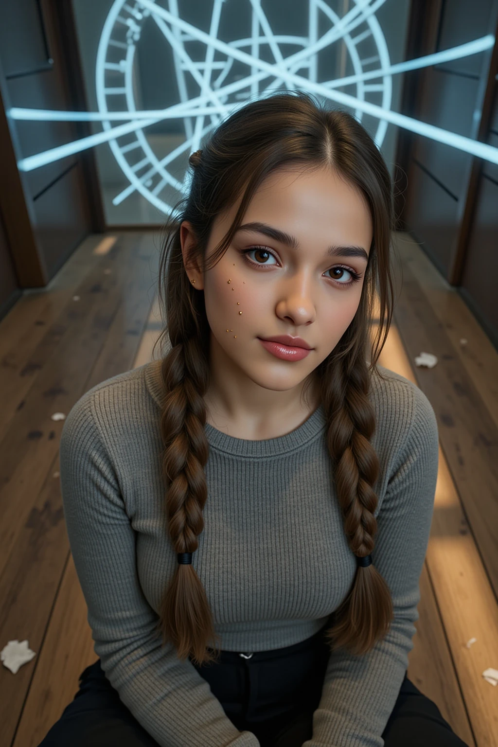 une femme aux cheveux bruns ,:: ,:: madison beer, streaming, pigtail, photoréaliste - h 6 4 0, 🎀 🧟 🍓 🧚, tu vois, live2d, ressemble à laura barriales, —ar 16:9, Sam Nassour, 5 0 s, incroyablement mignon,plan de la tête au pied , sourcils droits, avec un grand sourire, elle porte une long manteau