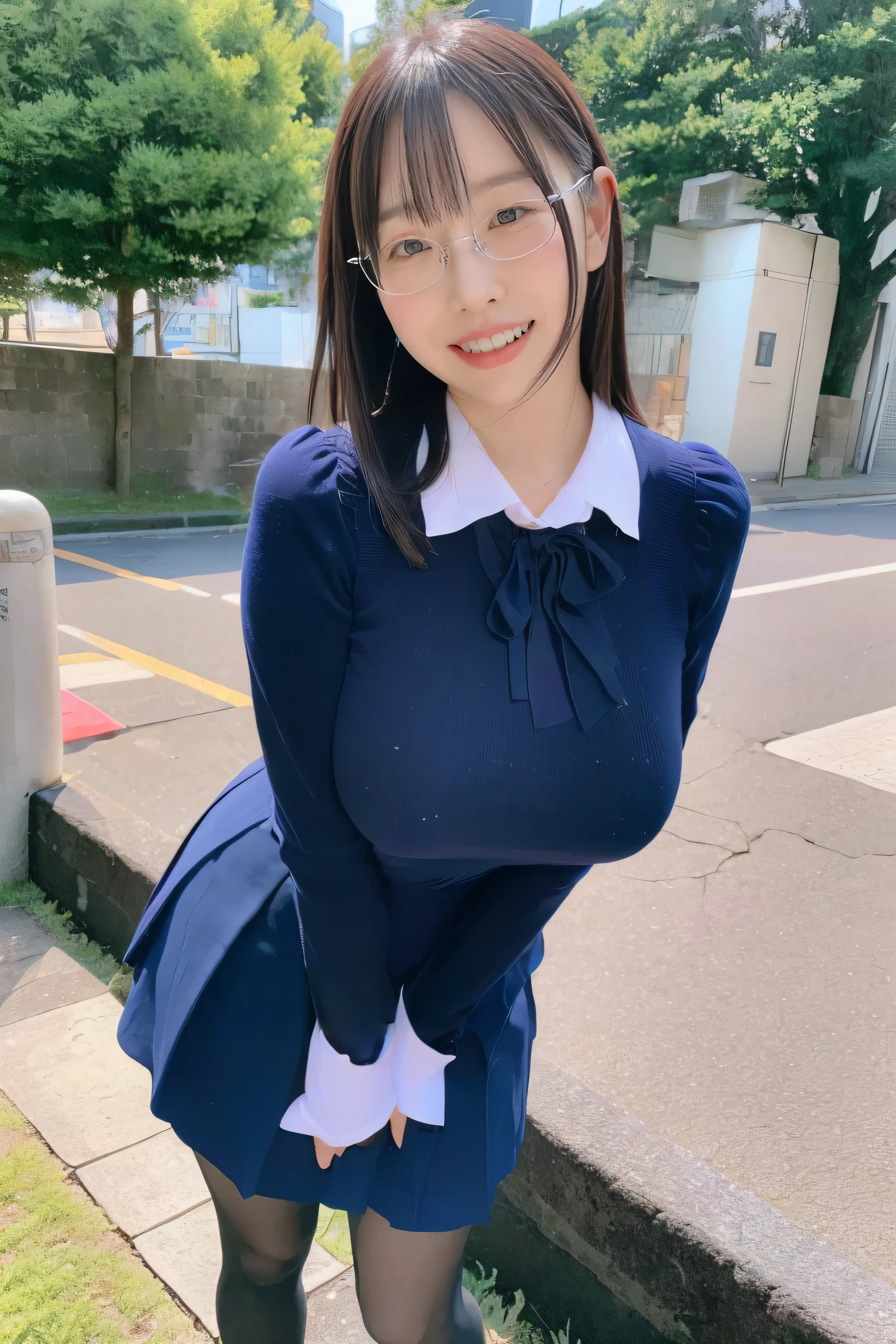 (nsfw:0.3),(absurd:1.5),8k,(Detailed Photos:1.5),(Beautiful face and skin:1.3),( Ultra high definition description  :1.5),(Realistic:1.5), masterpiece,  professional photoshoot, jacket, Ruffle Blouse, skirt, black stockings to hold hands, Glasses,  Confused Expression , Big Breasts, smile big and show her teeth, cute expression
