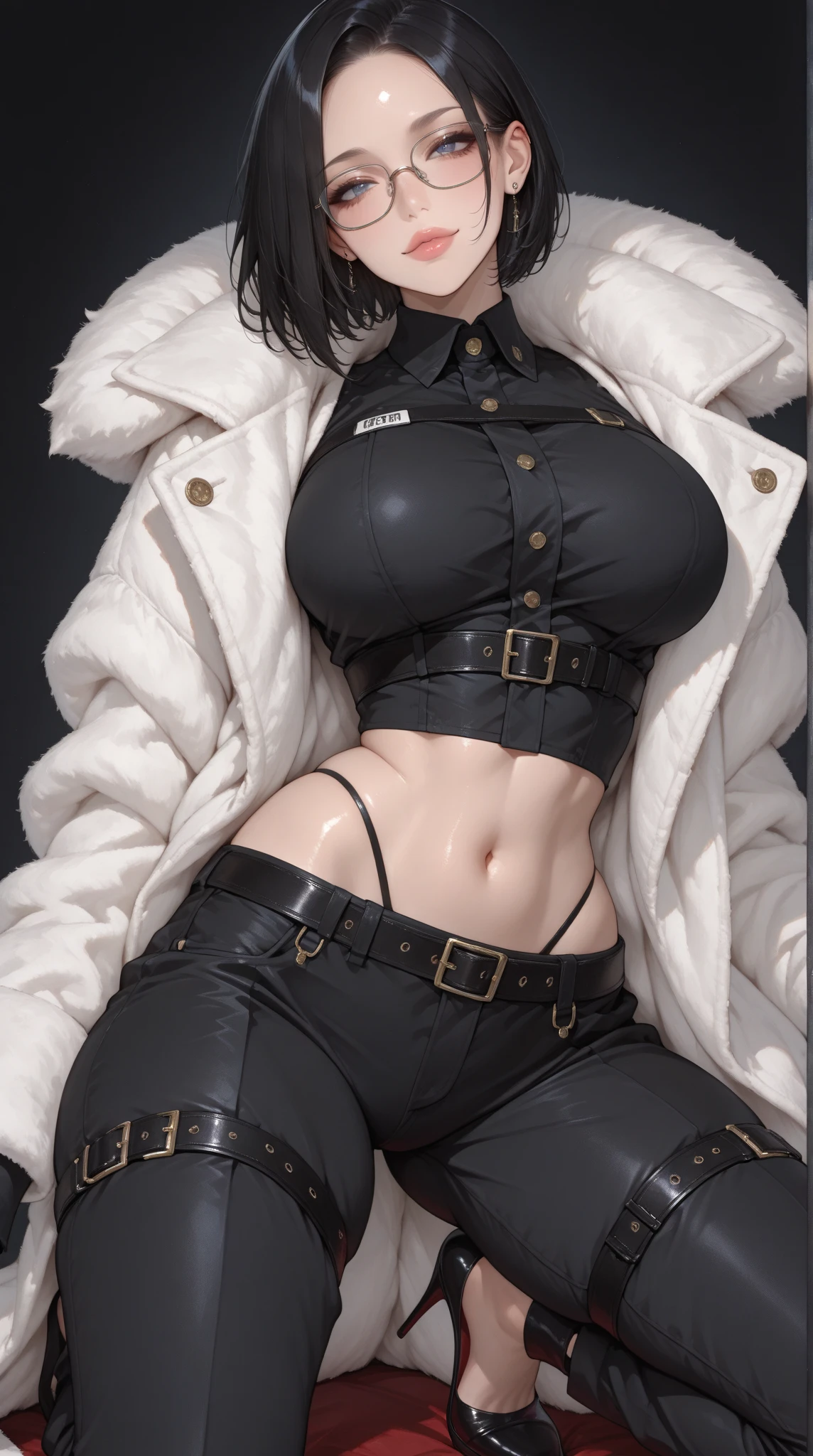 1girl, very very long brown hair, side swept, (white color theme clothing), red background, thighs, detailed face, looking at viewer, long blazer, no bra, belt, belt stud, subtle chain accessories, leather thong, cleavage, gigantic breasts,