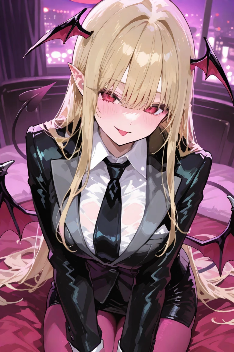 ((Highest quality)), ((masterpiece)), (detailed), ((Perfect Face))、(An evil, jet-black demon with jet-black skin.)、The woman was a beautiful, jet-black archdemon with jet-black skin, the evil queen of the demon world, Devil Queen Tiare, with green eyes, blonde medium-long hair, a gorgeous black wedding dress with gold embroidery and trim, a black wedding veil, an engagement ring, and luxurious accessories, and was a beautiful, elegant archdemon, the Demon Queen, lavishly decorated and jeweled.、A beautiful, jet-black-skinned demon with magnificent devil horns, devil wings, and a devil tail.
