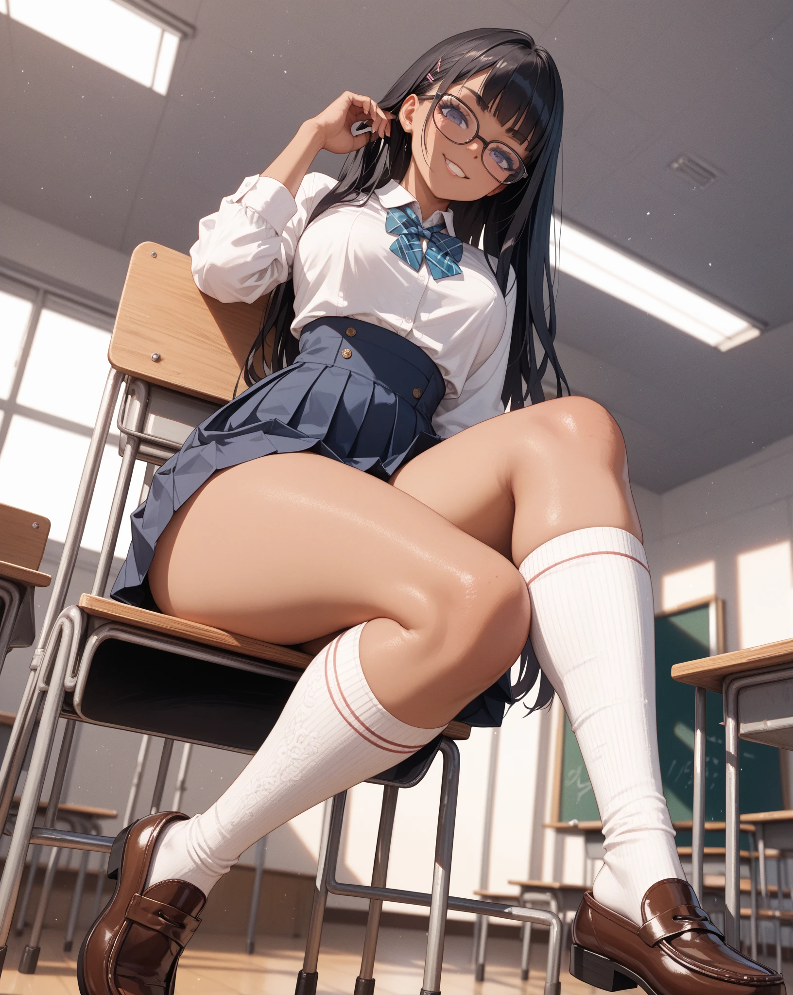 masterpiece, best quality, solo, 1girl, full body, sitting, (classroom:1.5),<lora:Sakajo_Hikaru_v6-000055:0.8>, glasses, black hair, school uniform, serafuku, plaid skirt, twin braids, red eyes, blue sailor collar, white lace panties, green brooch, medium breasts, thicc thighs, (black vest:1.2), (very long hair, straight hair:1.5), (kneehighs, white socks:1.2), loafers, pov, shy, embarrassed,