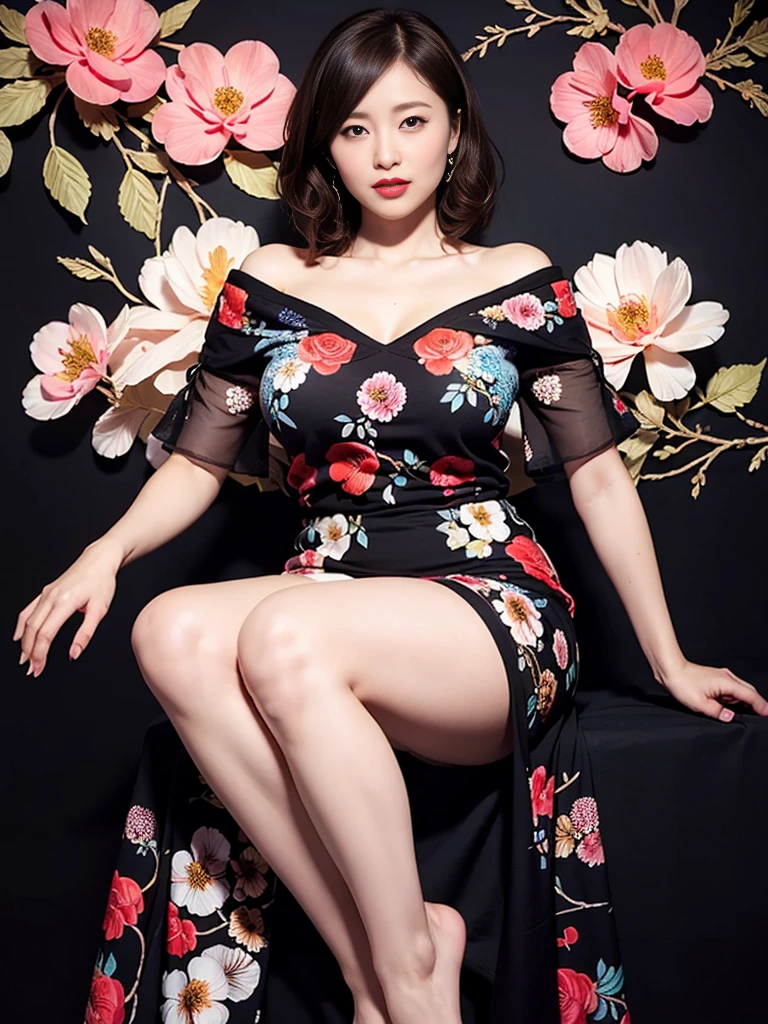 Beautiful mature Japanese woman aged 55, Long eyelashes, Super Short Hair, Red lipstick, Pearl Necklace, Earrings, Dark eyeshadow, Large Breasts, Big Breasts, Cleavage, Floral Dress, Lying on the meadow, Green Grass, Sleep on your back, Reaching out