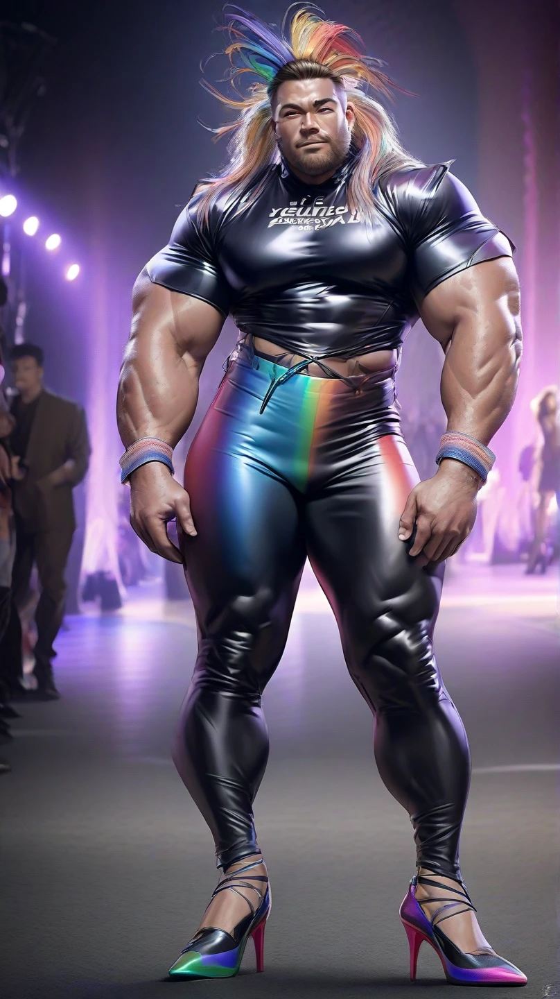 full view full body, the biggest heaviest hyper-massive overmuscular bodybuilded young white european effeminate guy with hype gay undercut haircut, lots of gay jewelery, shirtless showing off over-inflated and over-bloated huge pecs, double-biceps, legs, abs, wearing latex shiny shorts and rainbow socks, no shoes, gay necklaces, bracelets, rings pierced nipples with gold rings and chains, dancing in his socks in gay disco, showing off his rainbow socks, many various gay dancers background