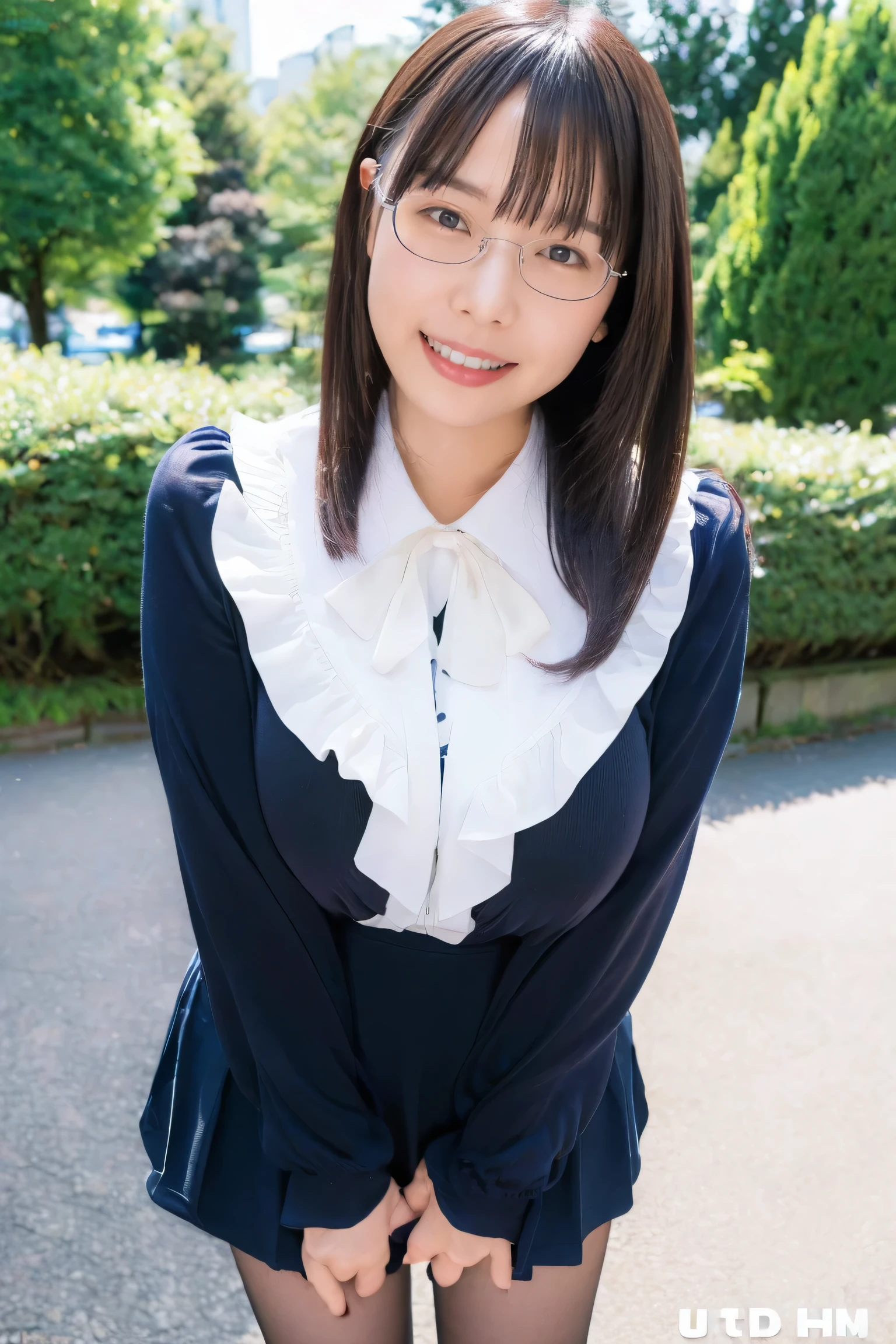 (nsfw:0.3),(absurd:1.5),8k,(Detailed Photos:1.5),(Beautiful face and skin:1.3),( Ultra high definition description :1.5),(Realistic:1.5), masterpiece, professional photoshoot, jacket, Ruffle Blouse, skirt, black stockings to hold hands, Glasses, Confused Expression , Big Breasts, smile big and show her teeth, cute expression, park