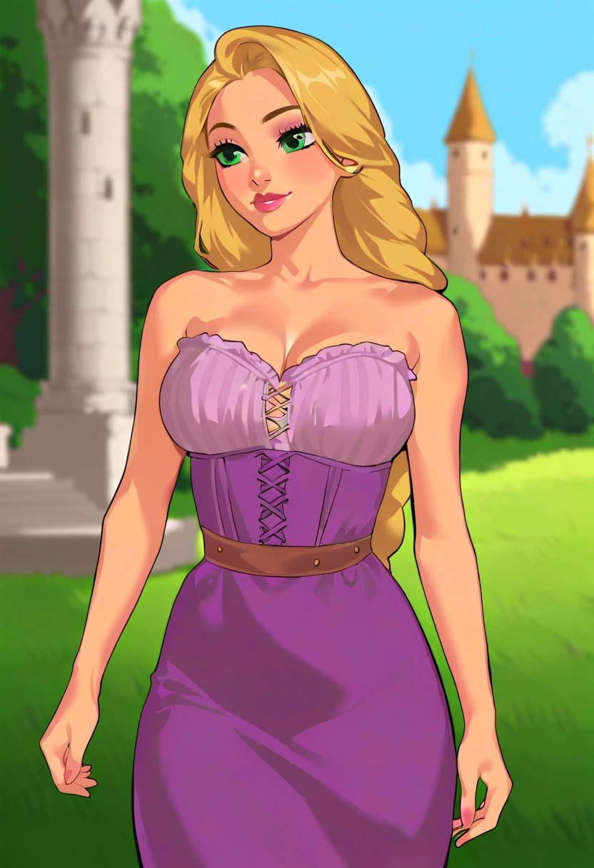 detailed_background,outdoors,short_hair,princess_zelda,magatama_necklace,earrings,tears,the_legend_of_zelda,strapless,necklace,dress,jewelry,circlet,the_legend_of_zelda:_tears_of_the_kingdom,crown_braid,looking_at_viewer,highres,pointy_ears,blonde_hair,hand_on_own_chest,braid,1girl,pendant,,magatama,green_eyes,strapless_dress,absurdres,jiu_xiao_han,closed_mouth,solo,sidelocks, (massive gigantic breasts:1.2), tight clothing,