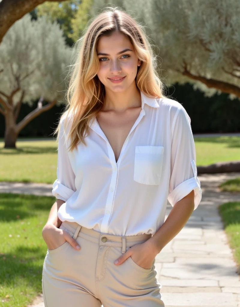une femme blonde de 20 ans prend un Selfie en plein air au soleil, 50mm f/2.8, photorealism, Cheveux blonds with the racines foncé, blond hair, Hair with brown roots, Very long hair, Brown eyes, lovely woman, front view, very close-up of the face, zoom sur le visage, chemise noire élégante, elegant beige shorts, High quality, Selfie, profondeur de champ courte