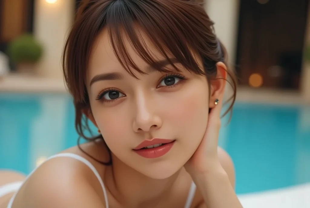 (masterpiece:1.3), high resolution, ultra detailed, extremely detailed CG unity 8k wallpaper, realistic, photo-realistic, RAW photo, beautiful detailed face, pale skin, realistic glistening skin, detailed cloth texture, detailed hair texture, Perfect body, Beautiful Face, accurate, Anatomically correct, Highly detailed face and skin texture, natural neck length, (beautiful hands), (fair skin:1.1), (well-aligned teeth:1.1), (Sweaty skin:1.2),
BREAK,
Detailed eyes, symmetric eyes, Light Brown eyes, Double eyelids, Thin eyebrows, (Glossy lips:1.4), ((A face with waiting for a kiss:1.2)), (blush:1.1), (A sparkling small hair accessory:1.1), (beautiful smile:1.1)
BREAK,
(A classy and Cute woman1.3), (nude, nsfw, nipple:1.4),
BREAK,
medium large breasts, slender figure, firm abs,
((ponytail, Dark blonde hair, wavy hair, long hair, asymmetric bangs:1.2)), (looking at viewer), (cowboy shot:1.2), From above,
BREAK,
((Standing by window)), (((A view of ocean outside the window at noon:1.3))),