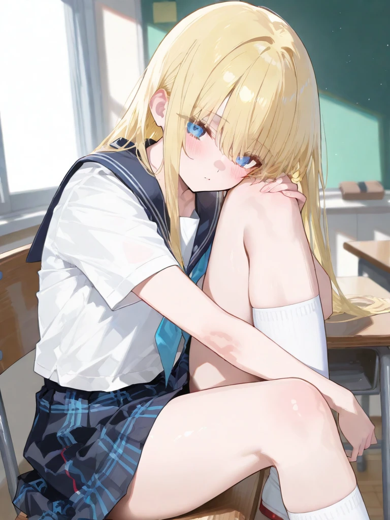 top-quality、supreme1People Girls,hightquality,A detailed face、A detailed eye、Detailed nose、Detailed mouth、 Beautiful expression, ((masuter piece)), ((High resolution)), ((Best Quality)), detail, (NSFW:1.4 ,With a disgusting face,Glaring at this), ((Skin shiny with sweat)), (School Athletic Clothes:1.2、Loose socks)、 girl with, a blond, (Half Twin Tail)、Sit at a desk and open your legs:1.3、fair white skin:1.3、、Smaller chest, cinmatic lighting, perfectly shaded,(((Classroom))), Realistic lighting with shades,Reflecting the whole body