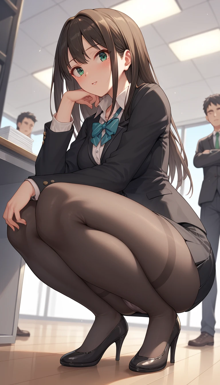 Please raise your heels, OL, office, suit, pantyhose, Long Hair, Realistic, squat, cute, Watching the audience,