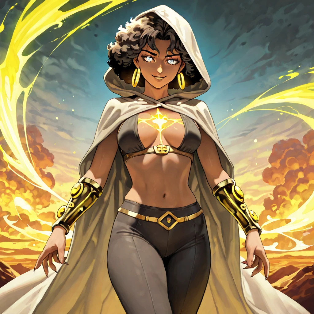 masterpiece, high quality, classical, (1girl:1.3), (upper-body shot:1.21), artistic, painterly, (brown skin:1.321), taniwha, barefoot, very long black hair, hair over one eye, dark forest, nighttime, soft lighting, character focus, [diffused lighting:1.1], (gold eyes:1.321), wide hips, huge breasts, creepy pose, angel and demon, ((white feather cloak)), perfect anatomy, micro skirt, pauldrons