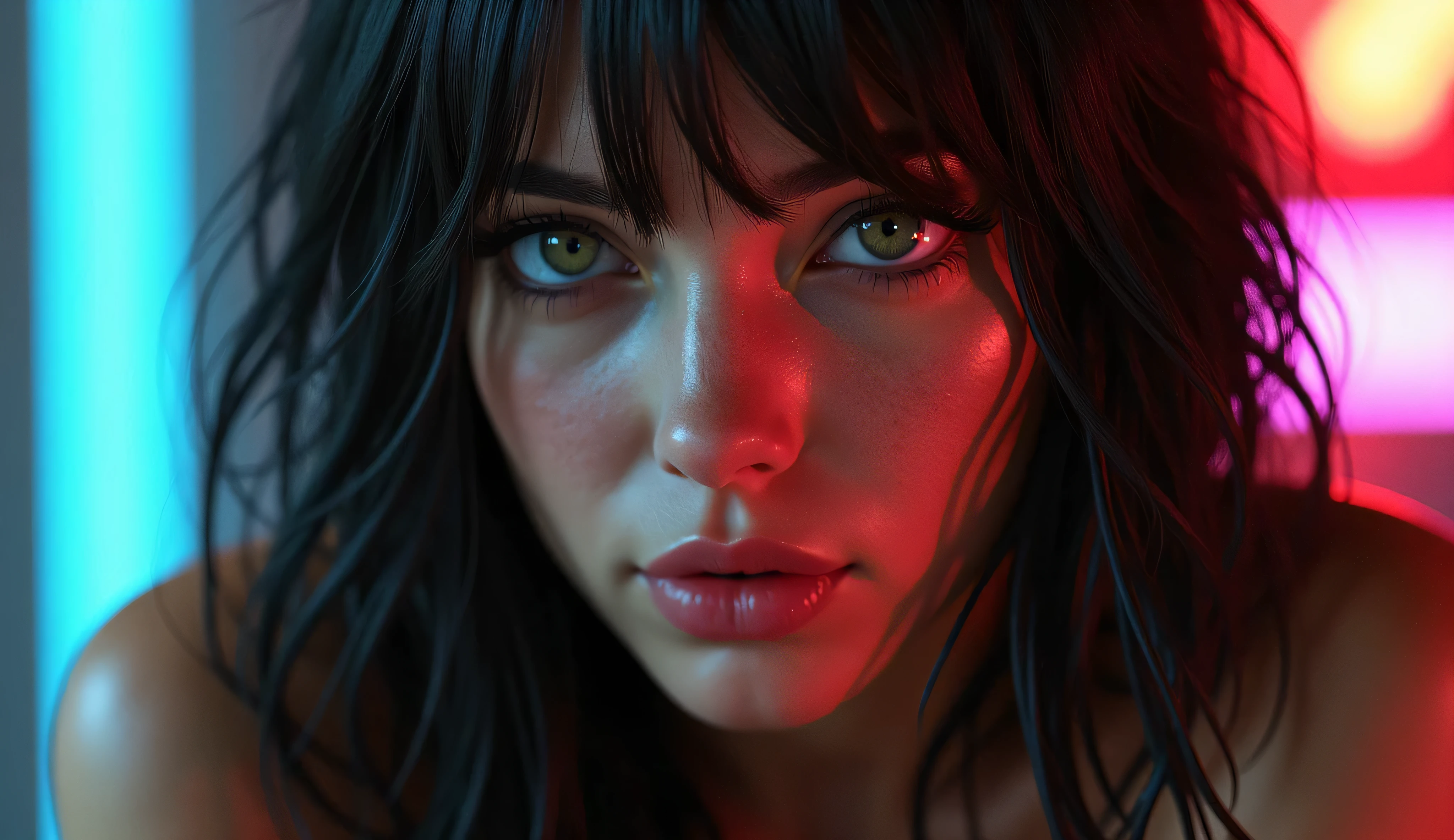 a sexy girl with tight leggins clothes, dark and shiny hair with bangs on the forehead, green eyes, full body portrait, confident expression, 4k, ultra-detailed, photorealistic, cinematic lighting, dramatic shadows, moody sci-fi atmosphere, advanced 3D rendering, intricate futuristic details, vibrant cyberpunk colors, neon highlights, hyper-realistic, masterpiece