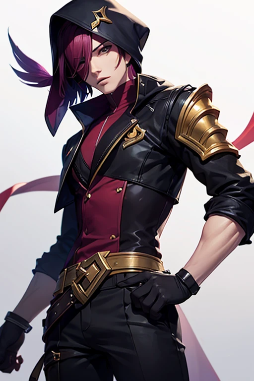 LoL Style, 1boy, from above, gloves, heterochromia, jacket, male focus, multicolored hair, crop top, navel, purple hair, red eyes, colored sclera, black sclera, flared collar, red hair, short hair, smile, solo, tattoo, from above, salute pose, masterpiece, official art, extreme light and shadow, <lora:LeagueStyles:0.8>