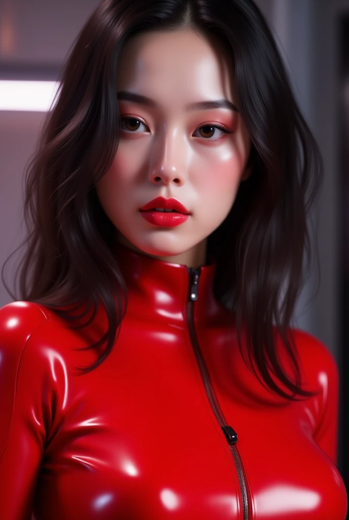 (RAW Photos:1.2)、Highest quality、Beautiful detailed girl、Tight red latex suit、Red latex bodysuit, Laughter、Highly detailed eyes and face、Beautiful and detailed、Large file size、High resolution、High resolution、More about 8k wallpaper、Highly detailed Ticker uniform 8K wallpaper、Light on the face、Cinema Lighting、16-year-old girl、Sexy pose、(Photorealism:1.4)、Consciousness upward、Surrealism、 From below、Super Detail、masterpiece