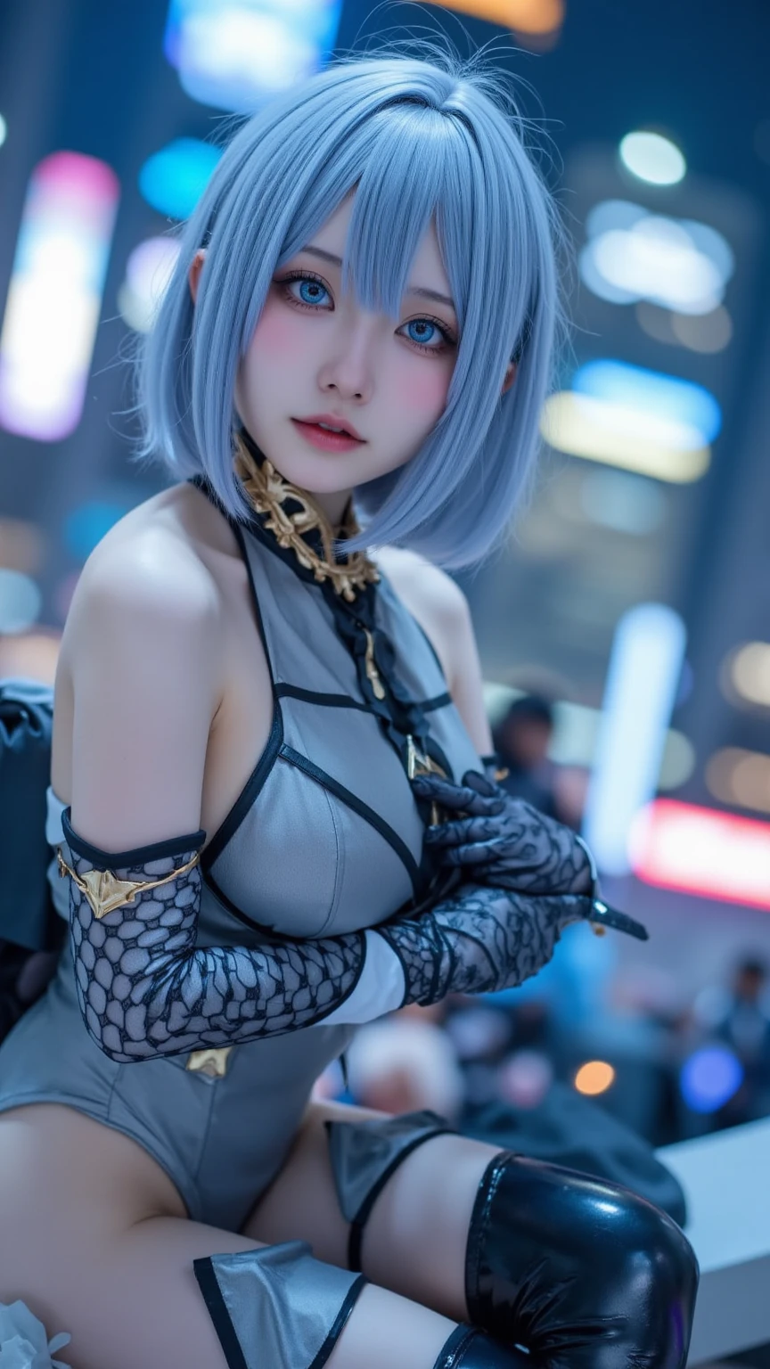 Tabletop, Highest quality, night, Outdoor, 1 female, 灰色のblue eyes, Fluorescent pink lips, cold, strict, Sky blue, small胸, Attractive face、 Realistic beauty、(blue eyes: 0.8), Beautiful adult face, Soft Volume Light, (Backlight: 1.3), (Cinematic: 1.3), Intricate details, (station: 1.3), ((Light blue-gray and dark blue-gray hair:1.5、Pixie short hair:1.5、amount))、薄くthin伊達メガネ、short、small、 thin, cumin ,非常にshortストレートヘア, Turtleneck shirt、skin、Stiletto Sandals、Beautiful legs、garter belt、((Big Breasts、smallお尻))、(Full Shot: 1.5), (Light Intensity:-0.8)、Glowing Eye Makeup、Full body view from head to thighs