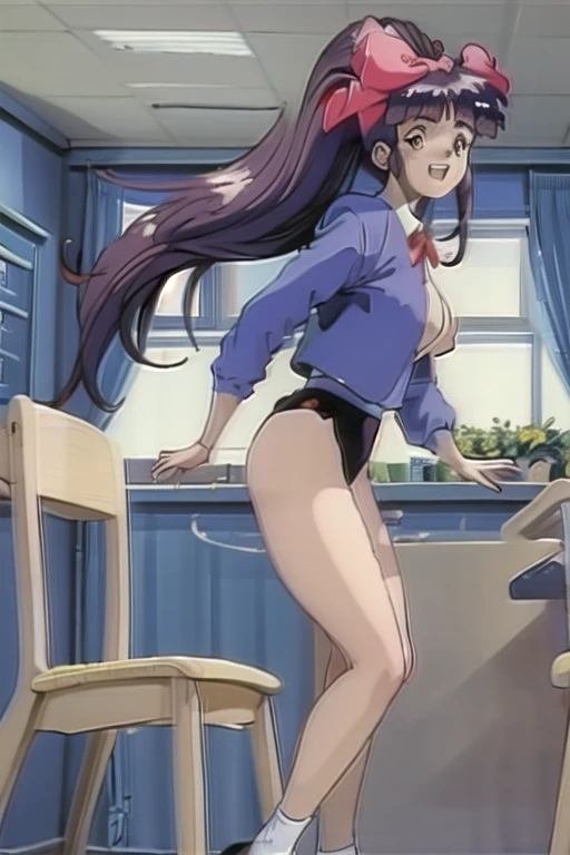 Run,short hair,Double Bang,Blunt bangs,hair ornaments,Brown eyes,Bare shoulders,Halter neck,ribbon,dress,purple dress,No sleeve,Elbow hand pockets,Purple gloves,Fingerless gloves,boots,knee boots,Back to viewers,((From behind)),((From below)),teeth,White panties, sweating,vapor,((Side Squat)),teeth focus,((hands on teeth)),Five Fingers