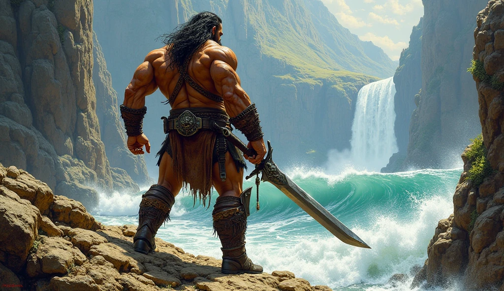 Conan-style barbarian ultra details with sword in hand standing looking at me bloodied in battle