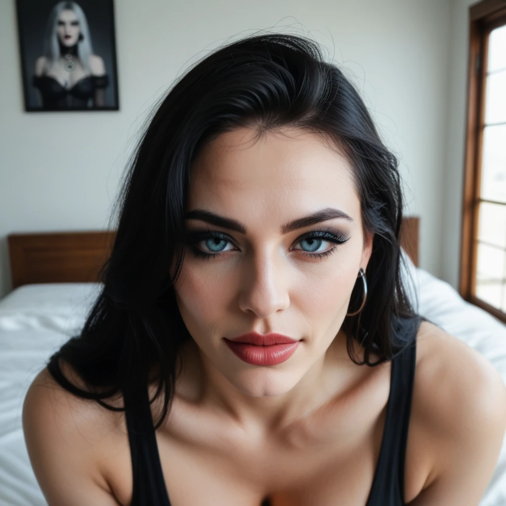 beautiful brunette with dark blue eyes, black hair with blue tint, looking forward, directly into the camera, long blue tinted hair, stunning eyes, the most beautiful face, straight photo, hyper realistic, wearing an elegant black dress, ultra realistic, skin details, seductive gaze,