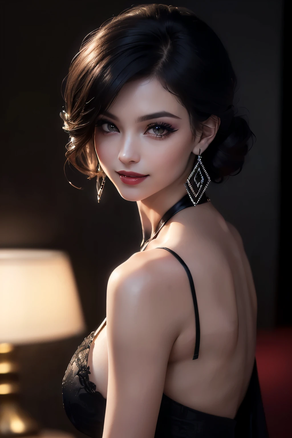 ((Attractive Curves Seen from a Banded Spaghetti Strap、realizes ultimate sensual beauty in a fashionable way;1.5 )) , ((  Ultra Detailed Details ;1.5 )) ((超High Resolution;1.1 ,  Clear Detailed Retina ;1.1 ,  masterpiece;1.7 ,  accurate, 解剖学的に accurate;1.1 , textured skin,  extremely detailed;1.1 , Attention to every detail;1.1, high image quality , (( Top quality neat face ;1.4 )) , High Resolution,  retinal display  , The ultimate A complete product with a sensual balance of  ;1.2 ）) ,  half Japanese half European woman ;1.3 , (( Professional composition of the highest quality;1.7 )), ( The ultimate A complete product with a sensual balance of ;1.5 , Beautiful modal makeup masterpiece with attention to detail;1.3 , lips, eyeliner, 長い eyelashes;1.1 , high accuracy;1.1 ) , (( Ultra-glamorous body;1.3 )) , (( Body Worrying Poses;1.3 )), bright rosy cheeks , ( Seductive and Soft Beautiful Big Breasts;1.4 ) , ((  amorous smile that captivates everyone ;1.3 )) , ( Highly detailed beautiful face;1.1 ,  half European captivating face ;1.1 , beautiful eye with attention to detail;1.1 , lips, eyeliner,  eyelashes, High Precision), (( Studio Lighting;1.5 )) , physically-based rendering of erect nipples , bright colors ,( glamorous body;1.3 ), ( Super Delicate and Very Complex Premium Design;1.4 ), (( Oversized Black Dress;1.4 )) , ((  Gorgeous and Elegant Earrings ;1.7 )), ( High-quality vintage accessories that glitter;1.1 , Breathtakingly beautiful hair and skin;1.4 ) , (  tilt beautiful faces to the side  ), (( Distinctive Crisp Eyes ;1.4 , ultra detailed fair skin;1.1 )) , ((Burgundy wet chunky lips;1.3 )) , ((  Thick and Sensual Mouth ;1.5 )) , bright rosy cheeks , (((  Seductive Beautiful Breasts ;1.4 ))) ,  charming smile that captivates everyone ;1.1 , (( Loose yet stylish updo;1.1 , beautiful black obsidian hair, )) , ((( Eye Reflexes;1.6 ))) , (( Super Delicate and Very Complex Premium Designのスリップドレス )) , ((  Hides Your Bust and Butt Just a Little Bit ;1.7 )) , (( 