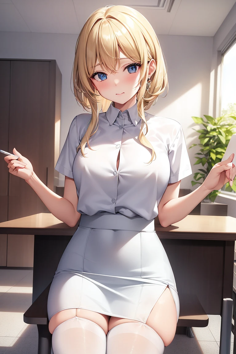 1lady standing, office worker outfit, (id card) lanyard, mature female, /(blonde hair/) bangs, light smile, (masterpiece best quality:1.2) delicate illustration ultra-detailed, large breasts BREAK /(modern office indoors/), window skyscraper