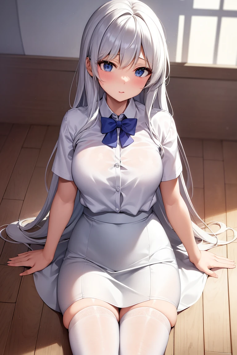 Character Details:, - Gender: 1 Girl.
- Style: Anime, - Body Type: Attractive body, nice body, nice legs, slim tights, nice arms, nice shoulders. - Breast: (Cleavage, Breast:1.2)- Facial Feature: Beautiful, Gorgeous, Teenager, Fresh, Young.
- Expression: Small smile, shy Look, (blue pink eyes). - Hairstyle: Blunt Bangs. - Hair Color: (White Grey Hair:1.5), (Straight and Wavy Long Hair:1.3),
- Clothing: (Yellow Urban Jacket) (Black Tank Top) (White Knife Pleated Shirt) (Stocking.). - Body Pose: (Sitting on bed:1.3), (Hands down). - Behaviour: Waiting, Want Something, Secretly.
- Accessories: Earrings, Thin Black Headband, Green Accessories, Environmental Details:, - Setting: Bed Room., - Lighting: Natural Light., - Decoration: Modern Bed, Chair, Window, White Curtain, City View. Top view. pov, anime style, UHD, retina, masterpiece, accurate, anatomically correct, textured skin. One Hand on cheek, one hand down.