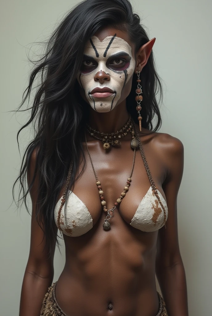 creates a hyperrealistic photograph in which the torso of a tanned Mexican woman appears from the front, occupying a third of the plane, her body in warm tones, wearing a Mexican skull mask, made with ceramics and Mexican clay, decorated with Mexican motifs. modern, in the background, a white tile wall, with cold-toned overhead lighting, close-up, taken with Sony Alpha a9 II and Sony FE 200 - 600 mm f / OSS 5.6 - 6.3 G lens, natural light, nadir angle, hyper-realistic and ultra-detailed photography ar 16:9