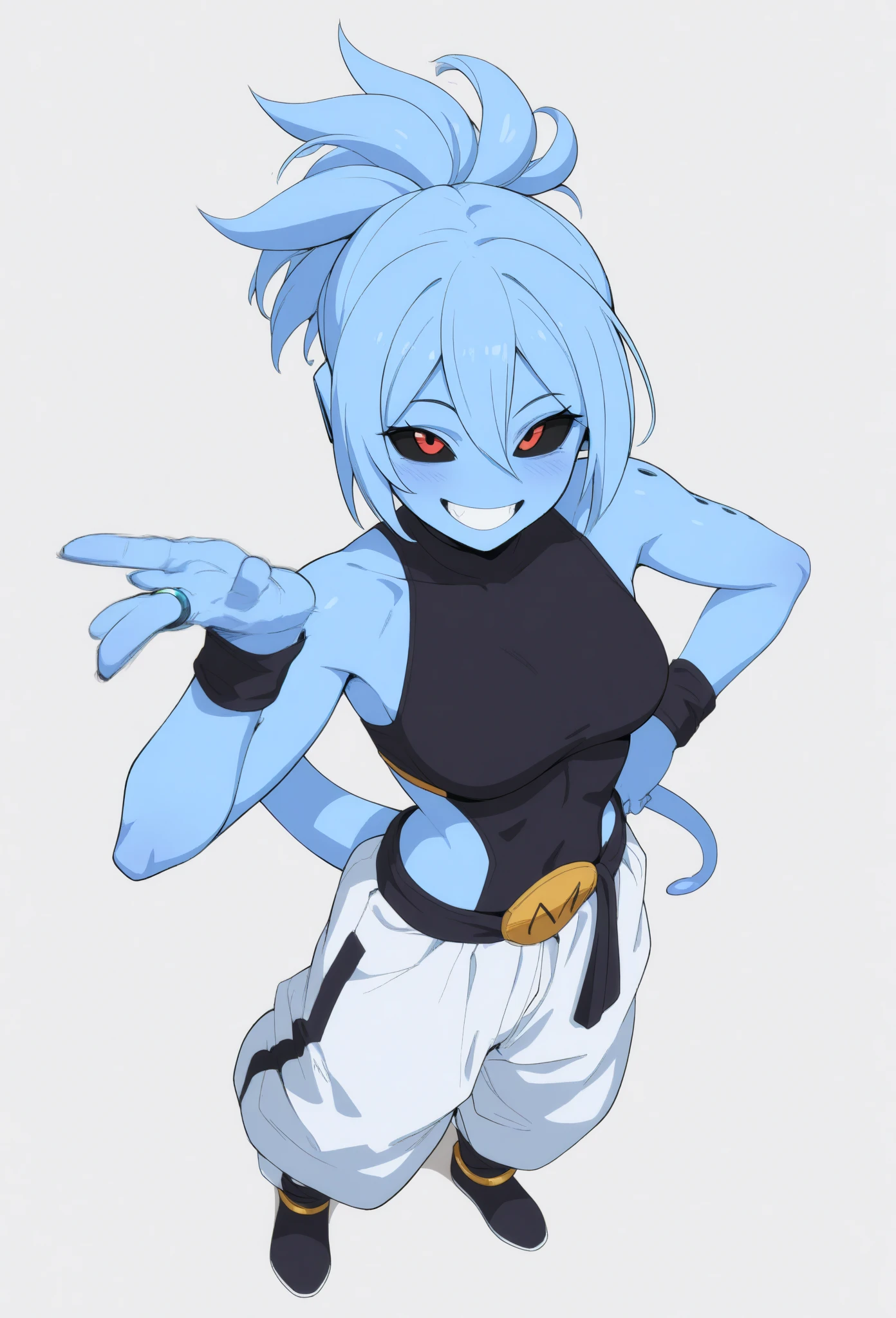 ((1girl, solo)), (blue skin), colored skin, masterpiece, best quality, glowing eyes, Smouldie, short hair, (tail:1.1) <lora:Smolder1_1:0.9>,  <lora:ssj4:0.85> abs, ((body fur:1.1)), long hair, muscular, pectorals, (black fur:1.5), solo, spiked hair, ssj4, black pants, black sports bra, wristband, simple background, upper body, looking at viewer, :D, fangs, clenched teeth, flexing, fur on breasts