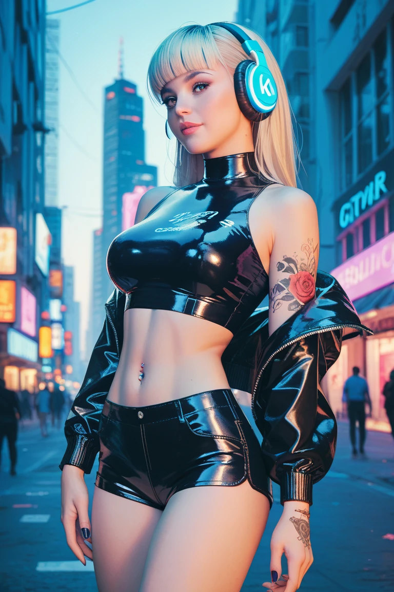 beautiful woman. blonde. sexy. cyberpunk, neonlights, future. prostitude, lederkombi. babe, booty