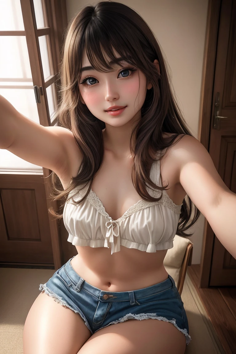 very cute and beautiful girl,(highly detailed beautiful face and eyes),
(white blouse),(open clothes,laced white bra) BREAK sitting on bed sheet,arms behind back,leaning back,
(smile:1.25),looking at viewer,pleated navy blue mini skirt BREAK
 antique hotel bedroom,gorgeous furnitures,black hair,
(best quality,masterpiece),absurdres,highres,ultra-detailed,extremely detailed,32k,8k resolution,
intricate details,cinematic scene,detailed background,solo,dynamic angle,