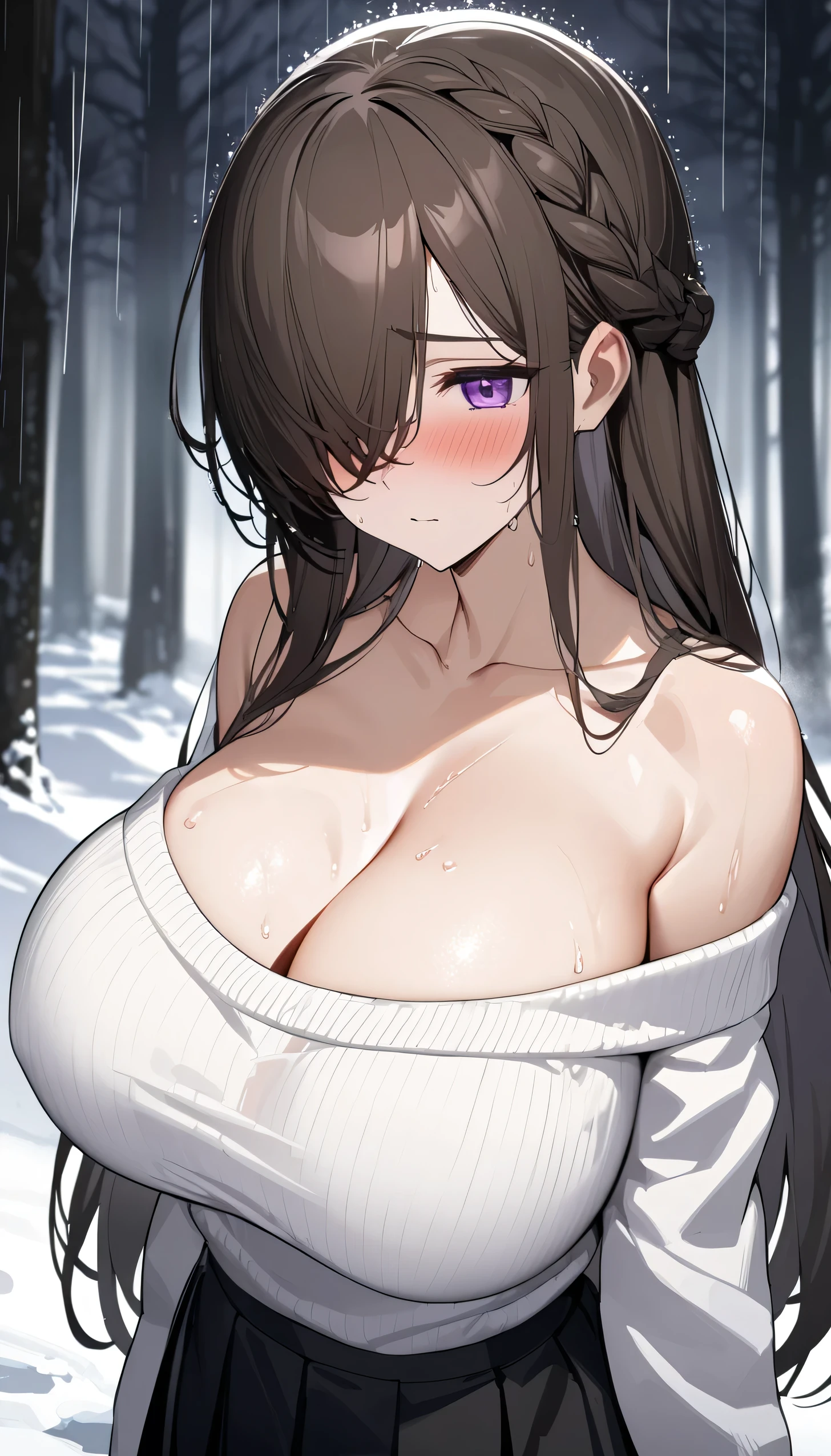 (((4K,8K,Highest quality,Perfect Fingers:1.3,Perfect Anatomy:1.3))),.woman,((Four fingers and thumb:1.3)),((Perfect human hand:1.3)),(((The right number of limbs:1.3))),(alone),futabasakura, futaba sakura, ((Black Hair)), (Glasses), Long Hair,(Blunt bangs:1.1),(Purple eyes:1.1), ((white Knee socks, Fur trim, fur-trimmed Jacket,Jacket, Jacket, Off the shoulder, off-shoulder shirt, shirt, t-shirt, Knee socks)),(Large saggy breasts),(((Sweat:1.3))),(blush),Super Oily,View your audience,((forest:1.3)),((night:1.3)), Contrasting,Smiling Kindly, Open your arms, Cowboy Shot, Sleeveless,長い乳首の上にSleeveless,(((The sleeveless top shows her nipples:1.1))),(shape:0.8), (Beautiful attention to detail:1.3), Highly detailed face, Extremely detailed CG, young,Thigh Gap,(I want to pee),((Wet crotch)),(I'Don't wear green panties),Detailed description of the vagina,(((白色のshirt:1.3,白色のTshirt:1.3,白色のKnee socks:1.3,White pants:1.3))),((Detailed Background:1.1)),