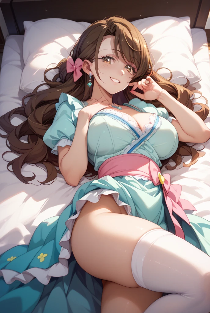 Masterpiece, Best Quality, (((Solo mature woman))), (((Brown hair))), Ponytail, Large chest, huge boobs, (((wide hips))), (((aqua green eyes))), full lips, seductive smile, cleavage, sitting on bed, bedroom, blushing, (((wearing blue summer dress with pink and purple floral pattern))), [Janet], [Alice], "beautiful mature face" , age30 , MILF , adult
