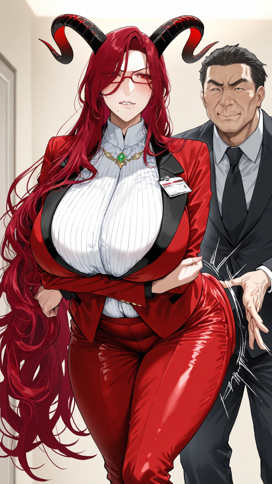 (masterpiece,highest quality,超A high resolution),japanaese girl with pony tail hair (((Very beautiful 35 year old girl))), pretty woman with her boss, a woman in the mermaid long train silk red skirt,the skirt is very long, her skirt 7 meter long over, full body, wear sexy corset, wear sexy blouse, wear glasses,long satin, flowy dramatic long skirt, talwomen, random pose, work in office, wear high heels, masterpice (Shiny red long train dress mermaid-style long skirt