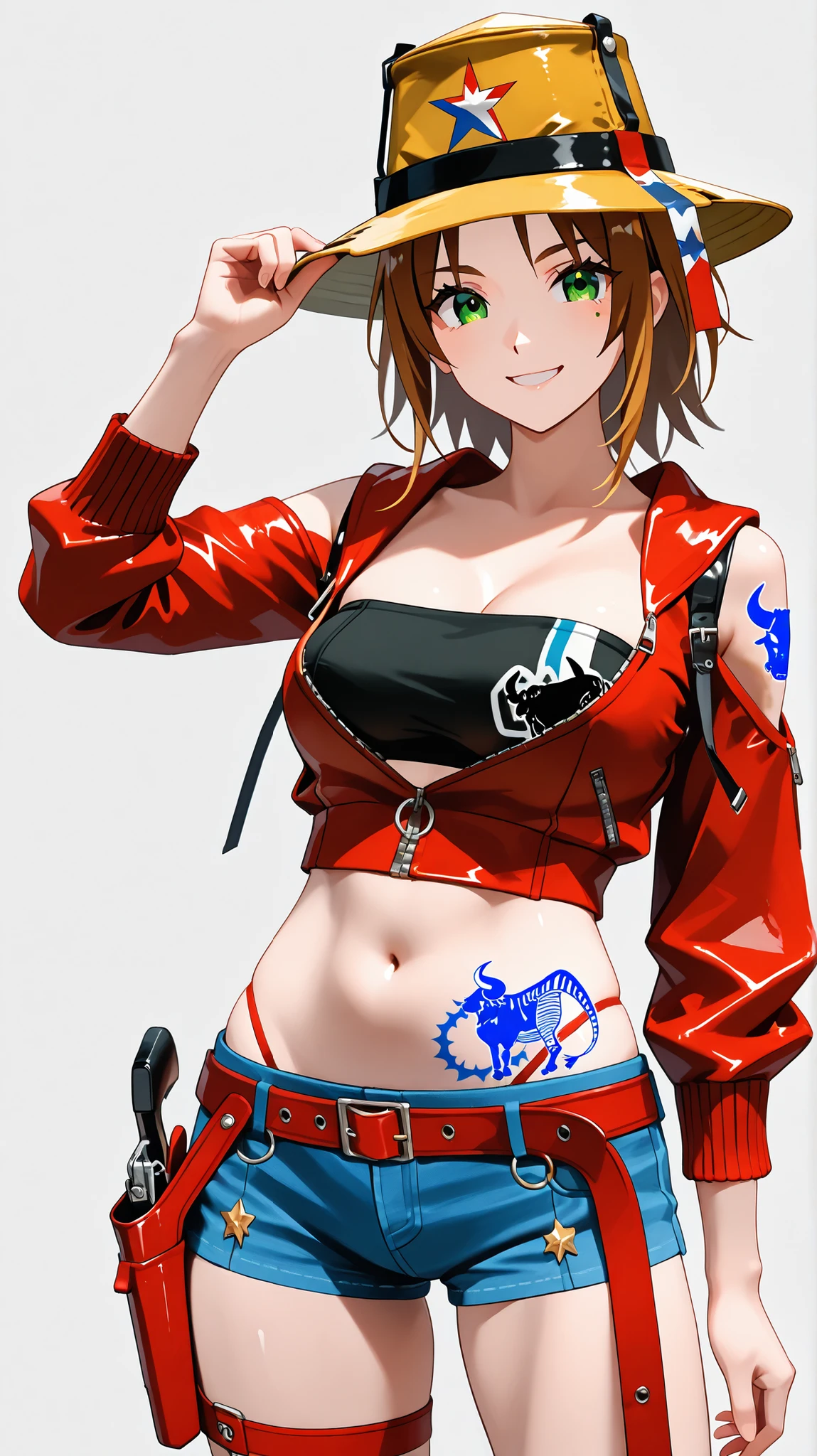 female, strapless bikini, crop top jacket, ten gallon hat, smile, holster, Bull tattoo,