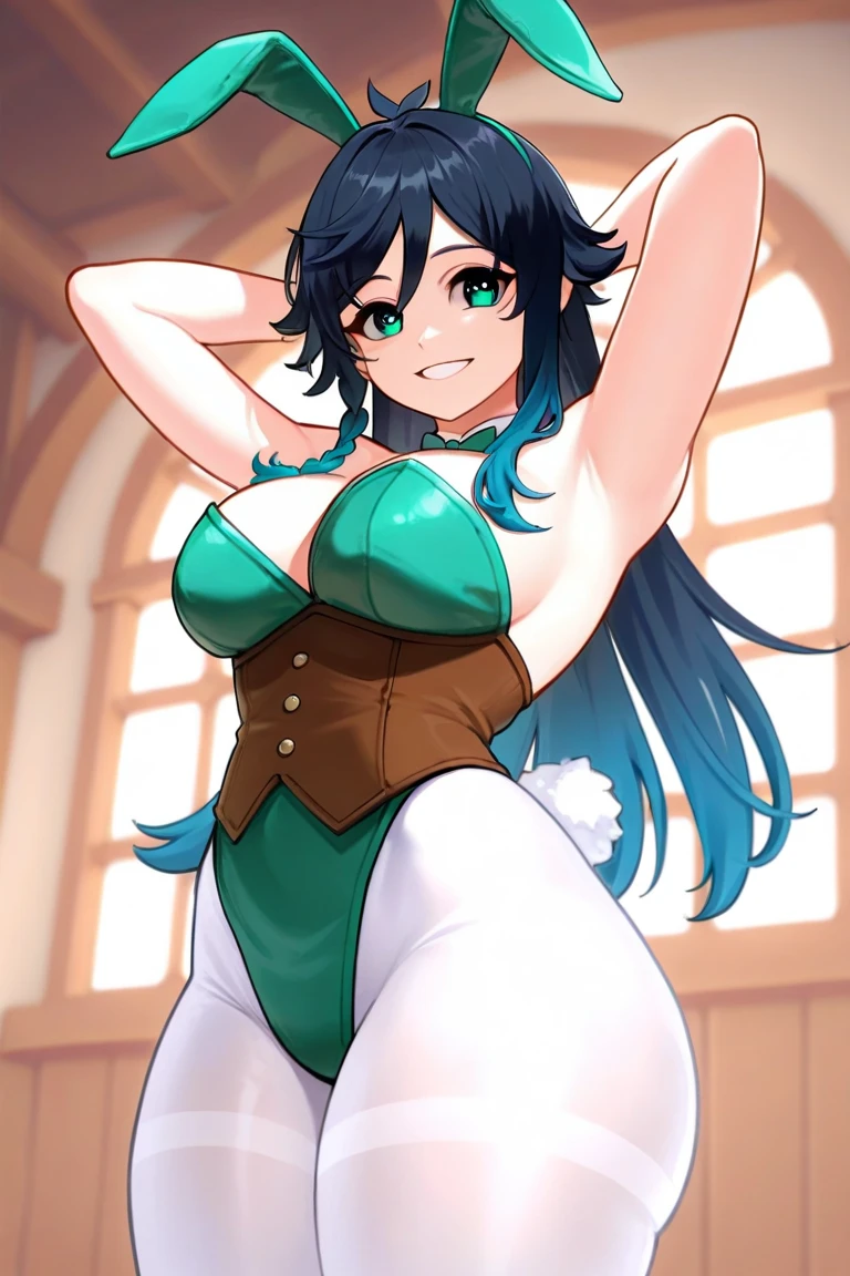 1girl, solo, (masterpiece, best quality:1.4),((best quality)), ((highly detailed)), masterpiece, absurdres, (detailed eyes, deep eyes), from beside, upper body, Ursula Callistis, blue hair, red eyes, white pupils, glasses, smiling, breasts, bunny, rabbit ears, dark blue leotard, detached collar, aqua bow, fishnet pantyhose, wrist cuffs, white gloves, arms down, elbow squeeze, enormous breasts squeezed together
