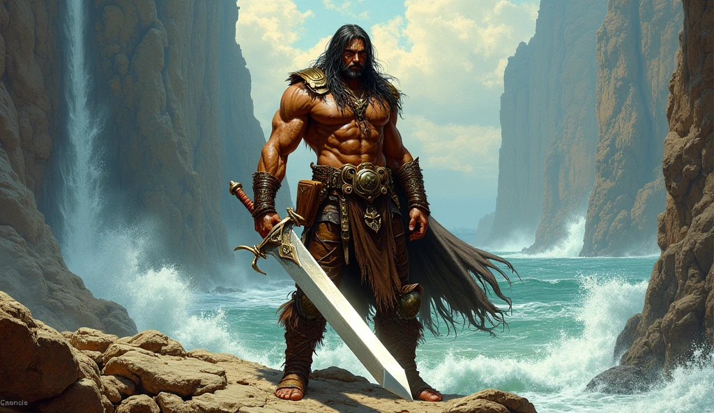 um close up um homem com uma espada, Conan, Illustration by Conan, the Barbarian, Conan, the Barbarian, frank frazetta manga style, Full body standing boldly near a gorge, the Barbarian, Jason Momoa como Conan, Estilo Frank Frazetta , Marcos Brooks Frank Frazetta, Mike Ploog, John Buscema, Marcos Schultz, Marcos Silvestri, barbarous
