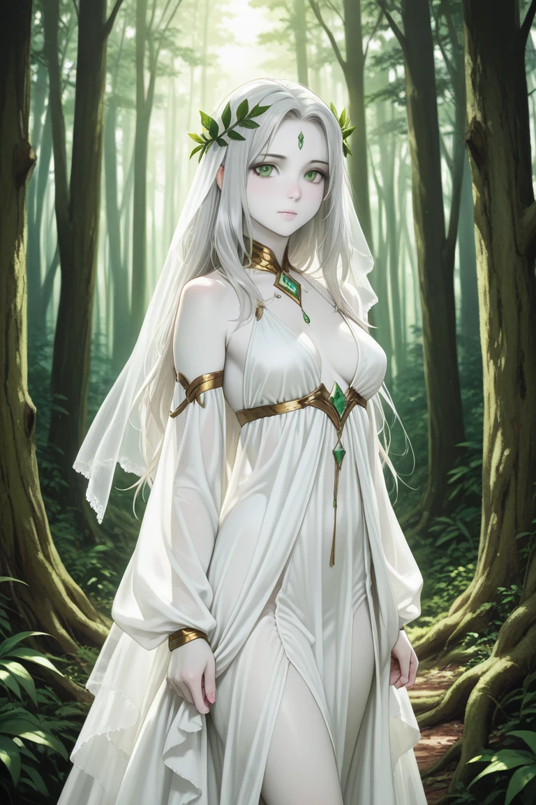 a beautiful woman with big breasts, intricate dress, soft smile, red lips, ginger-green hair, green eyes, hyperrealistic, digital painting, concept art, smooth, sharp focus, rule of thirds, psychedelic