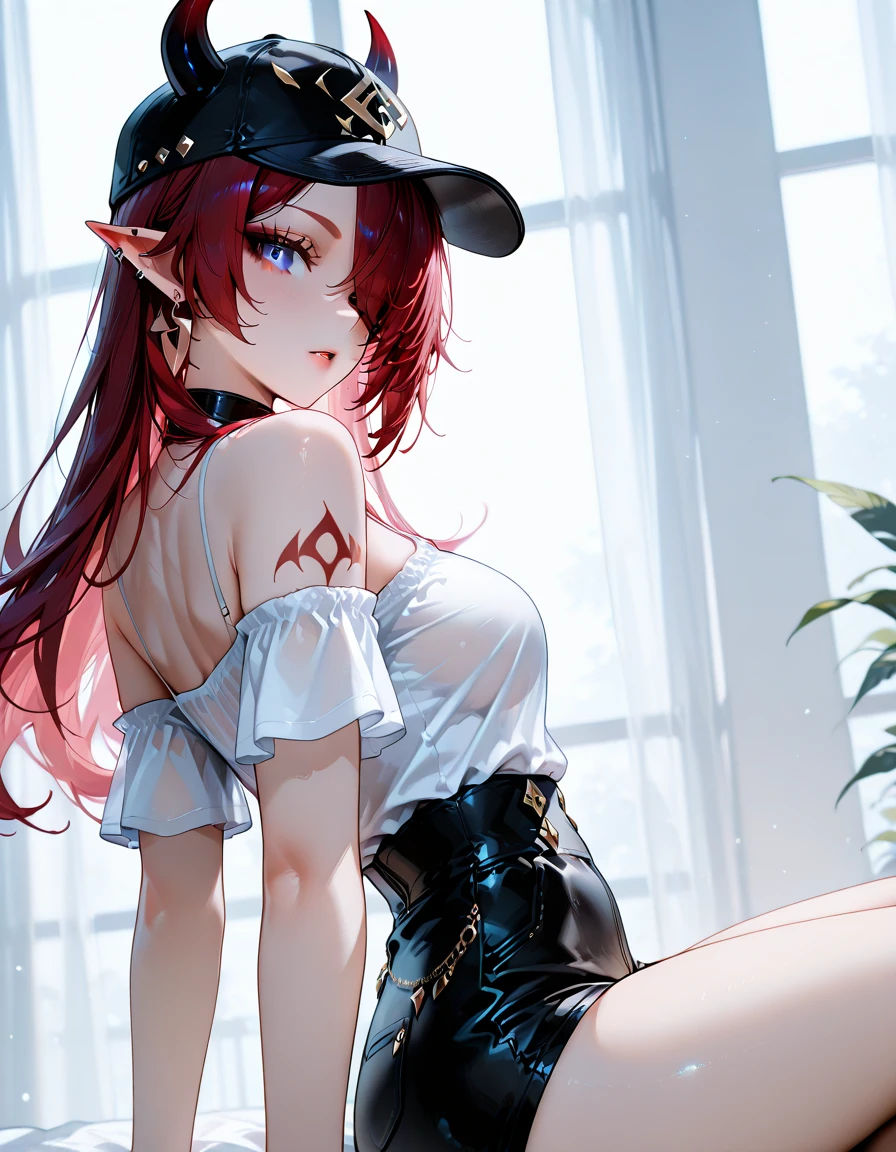 Red hair,pale skin, gorgeous eyes, beautiful face, freckles, french braid, tattooed, turquoise eyes medium breasts, slim waist, cleavage, collarbone, looking back, lingerie  corset,  capelet, dreamy eyes, full moon, red moon, castle  background, waterfall. Canyoneering,  nighttime, 