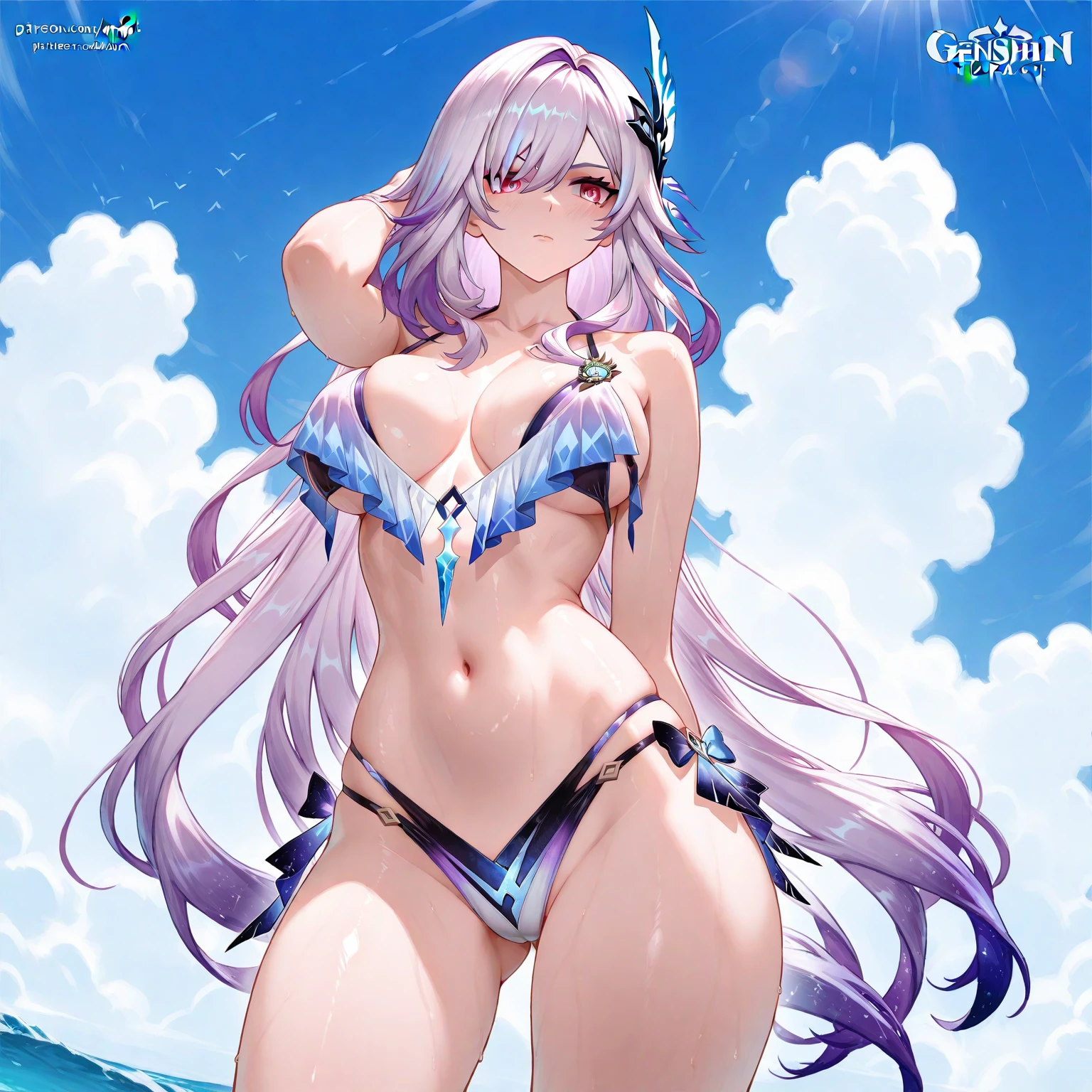 Female character: Purple Dragon Girl,design,Sexually interesting,White lace cutout,Tight fun,Beach Bikini,front,Double Leg Splits