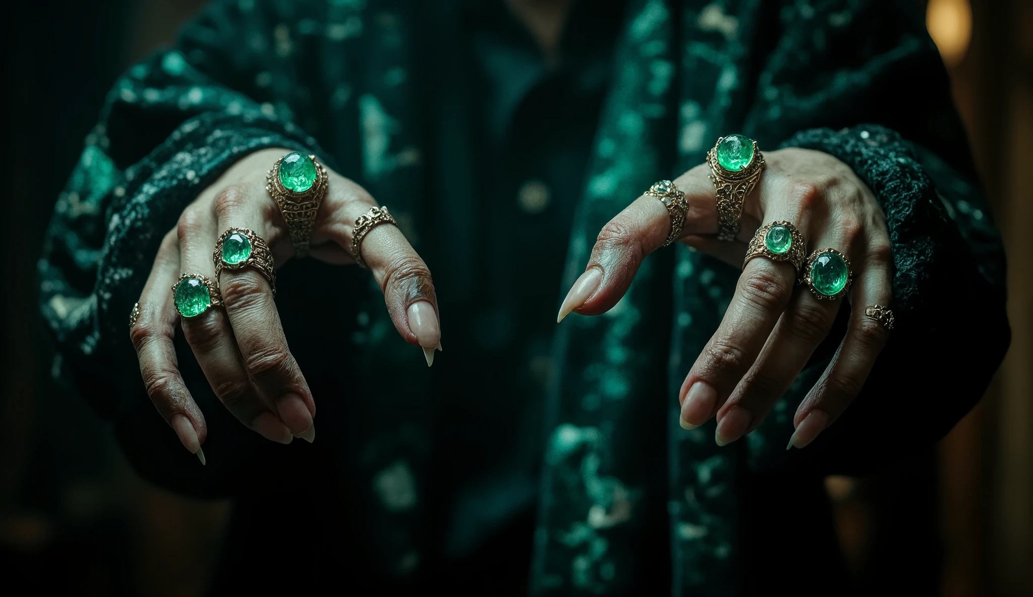The woman's hands, very long and twisted, are slowly extended into the air, drawing invisible symbols. The fingers, elongated and almost humanoid-looking, curve to impossible angles. Each of the emerald rings, cursed and shining with a grim green light, emits a faint glow that interrupts the darkness around them. The flesh on his hands is wrinkled and necrotic, and the long, dirty nails seem to grow beyond his control. The atmosphere is charged with electricity, as if symbols in the air could unleash something eternal and malevolent. Style: Photographic hyperrealism, dim and green light, details in the emeralds and rotten skin, texture of the rings. Technology: IMAX, 8K, focus on the detail of the rings and hands.
