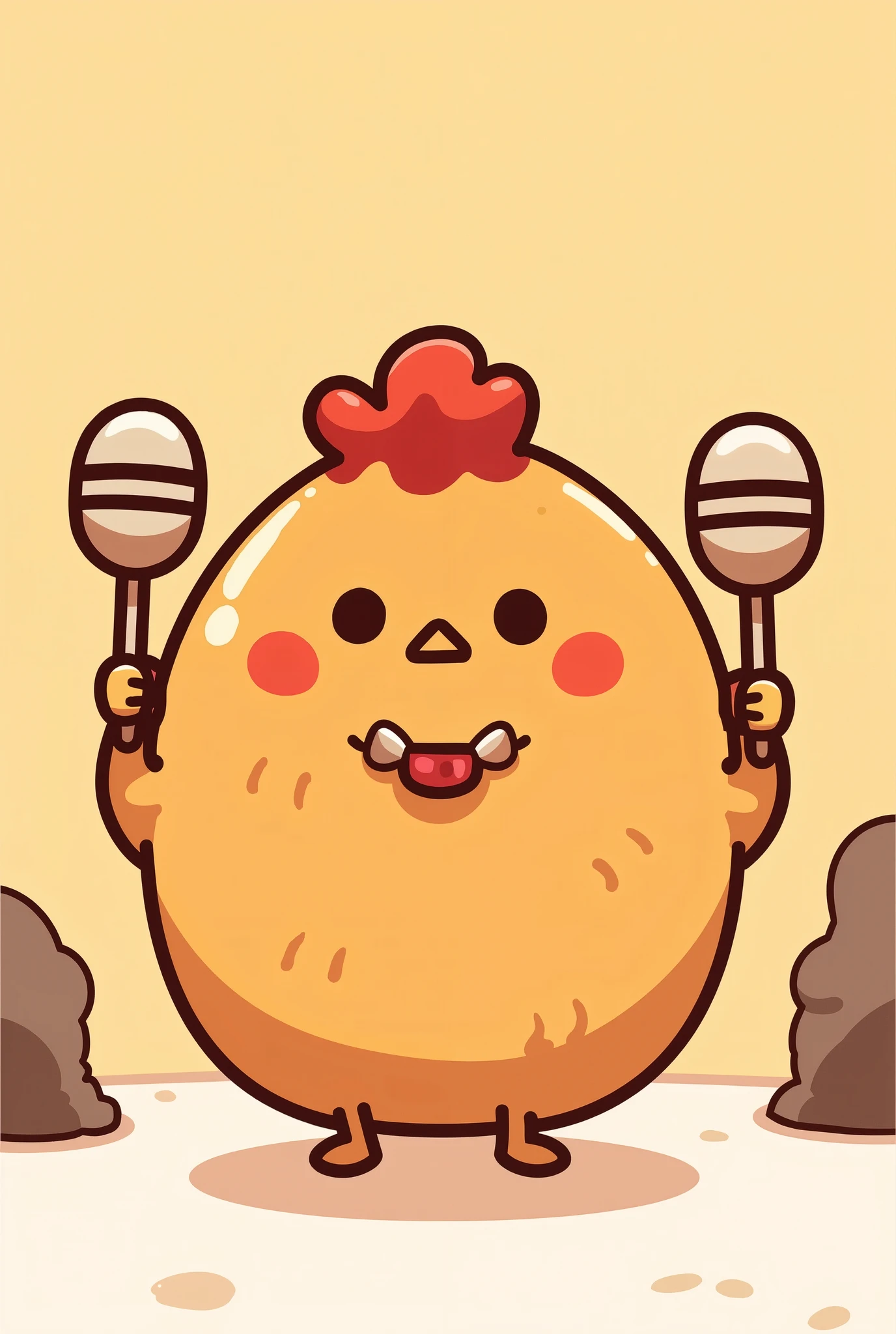 (masterpiece:1.2, very good quality in a beautiful secluded area ,Mirror-like, cinematic experience , best illustrations, very well detailed),8k16k,wallpaper,(SPICY FRIED CHICKEN),(round fried chicken shaped mascot character holding maraca-shaped fried chicken with maracas on both arms:2.0),(Holding maraca-shaped bone-in fried chicken on both arms),(MINIMALIST:2.0),(cute:2.0),(animated art:2.0),(vector art:2.0),(SAN-X style :2.0),(pop background:1.6),( Line art:1.6),(CHIKIP DANCERS:1.6),(Chicken on the bone:1.6),(pastel colors:2.0),(Transform:2.0),(Line art:2.0)