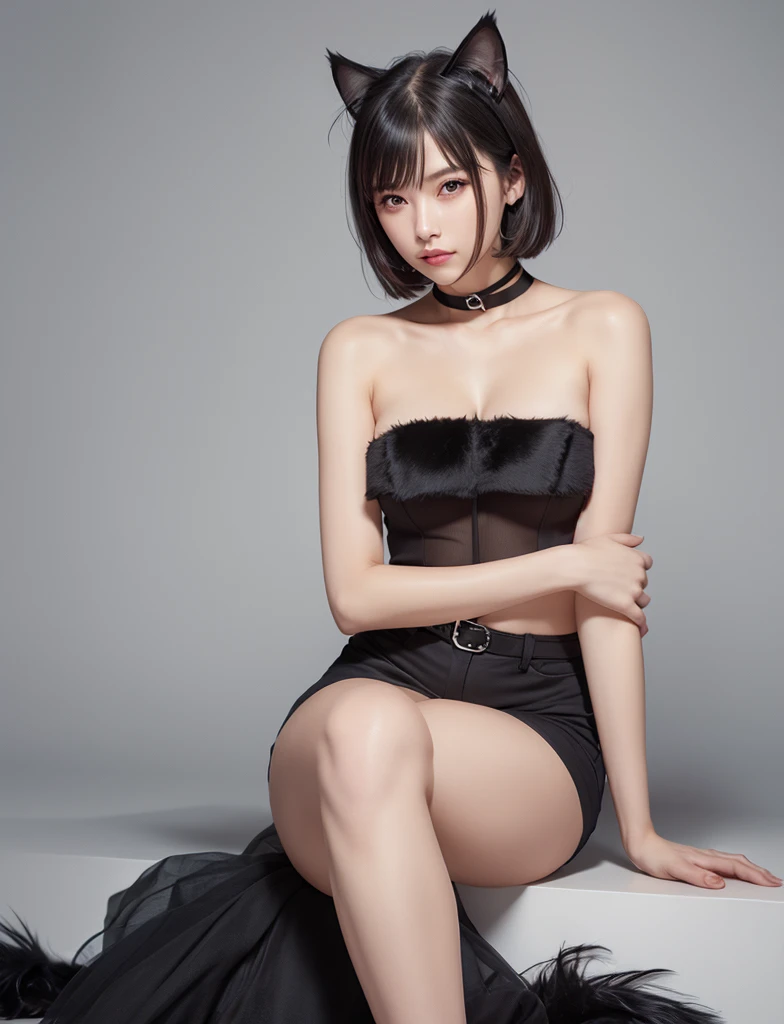 8k, Ultra-high resolution, Highest quality, masterpiece, 三分割法によるphotograph,Surreal, photograph, 1 Girl, (16 years old:1.3), pretty girl, Cute Face, Beautiful eyes in every detail, 細かくdetailedに,masterpiece,One Girl:1.2,Japan Female Teachers,full body,Serious expression,Black short hair,Blunt bangs,Sit in a big chair,Brutal Cyberpunk Woman,(Futuristic Leotard:1.3),Lace blouse,(lace stockings with garters), (Post-apocalyptic scenarios:1.2),Expression of despair,Captivating thighs,Beautiful leg line beauty,bracelet, chest, choker, clavicle, Earrings,Gray background ,Perfect and beautiful face ,完璧でCute Face, Skin with attention to detail, Perfect limbs、Narrow waist,Looking at the audience,(((Ideal body type))),Aカップの小さなchest :2,Portraiture:2,Perfect Anatomy,鮮明なdetailed,detailed,Surreal,Light and shadow,spotlight