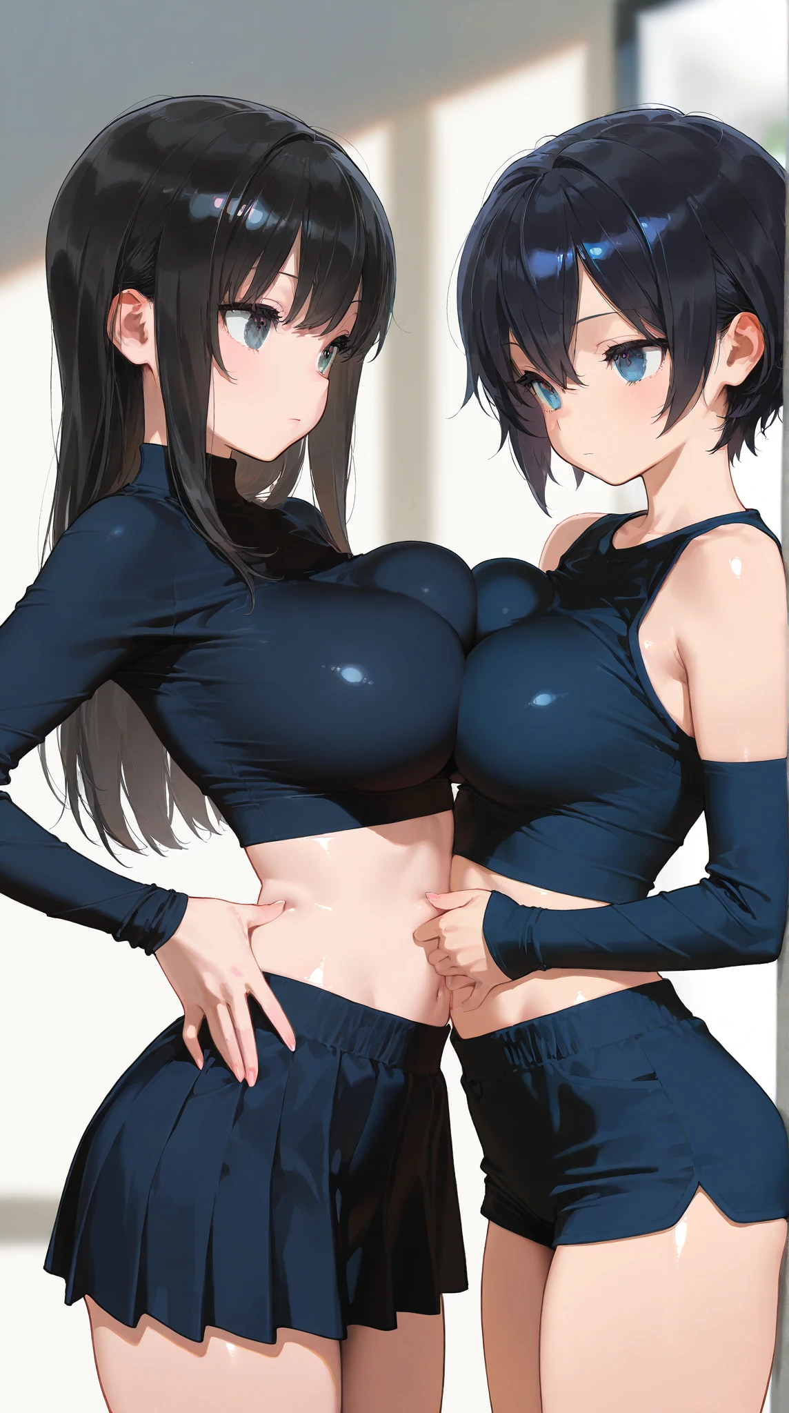 nsfw,2girls,lineup,side by sides,Tomboy,black hair,Androgynous,sidelocks,face,breasts out,upper body,breasts out,masterpiece,best quality,very aesthetic,absurdres,light Areola,skin,,tan,big breast,Puffy nipples,topless,(Undressing:1.3),open shirt,pants