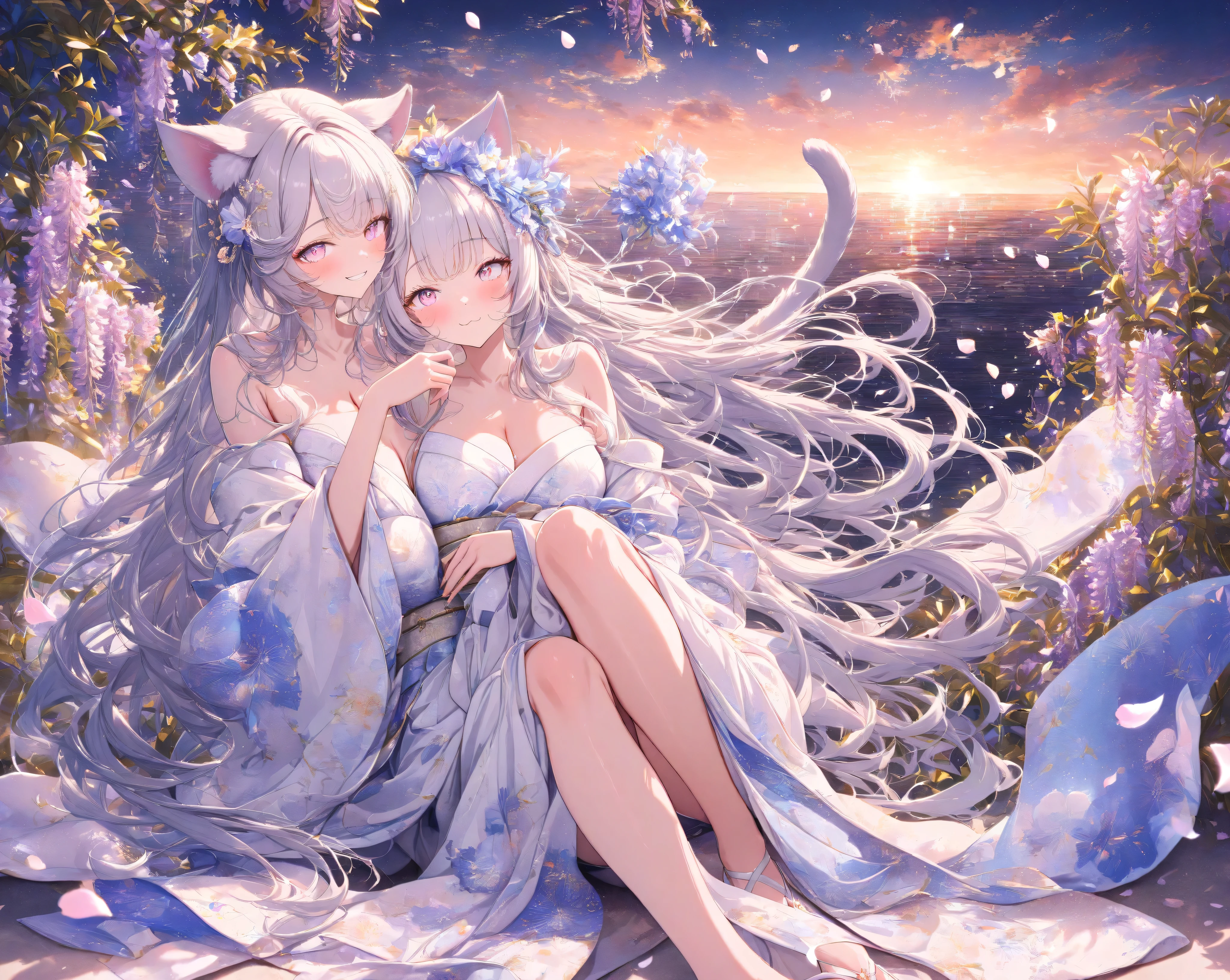 quality: Best Quality, masterpiece, very detailed, ultra detail, detailed background,
theme:(an 18-year-old woman with a demon cat that is so beautiful that it takes your breath away):1.4,perfect female body:1.1, beautiful breasts:1.1,detailed skin texture, Grin:1.5, blush:1.2,has a breathtakingly delicate face,vivid eyes like being sucked in on Thursday, delicate and moisturized lips ,Each finger is rendered in detail,Shiny silver hair,Smooth silky texture,Flowing in the wind,Natural shadows and highlights,(Realistic Cat Ears ):1.2,(One long、Bushy cat tail):1.4,(Cat's tail peeking out of a kimono):1.3,Natural and graceful hand pose,transparent fingertips that feel like they are being sucked in by hand based on realistic human body structures,Clearly defined joints,Detailed expression of the fingers,Smooth and curvaceous body lines,healthy, smooth brown skin,Graceful knee lines,Natural and beautiful leg lines,Delicate body contours,Stylish pose:1.2,
costume:(Long, flowing sleeves、white kimono based on light blue):1.4,(, a 20-year-old woman with a beautiful, shiny silk drape):1.3,Realistic Fabric, intricate details, detailed folds,White obi:1.1, light blue obi fastening:1.1, chrysanthemum-patterned sack belt:1.2, beautiful light blue flower hair ornament:1.1, White Painted Sandals:1.1,  wearing white socks:1.1,
background: (Sky Dyed in the Sunset,horizon under the SID illuminated by the sunset gradates from orange or pink to deep purple,towards the sky々changes to dark, deep blue):1.6,(The clouds illuminated by the sunset are dyed fiery red and、dramatically colors the entire sky):1.5,(Under the wisteria trellis illuminated by the sunset):1.5,(wisteria flowers pour softly down、petals are scattered on the ground):1.4,(By letting in light、creates an atmosphere where wisteria flowers emerge fantastically):1.3, 
Style: detailed line art anime,manga style,cinematic lighting,volumetric lighting,ray tracing,depth of field,cinematic shot,pastel,translucent, 
